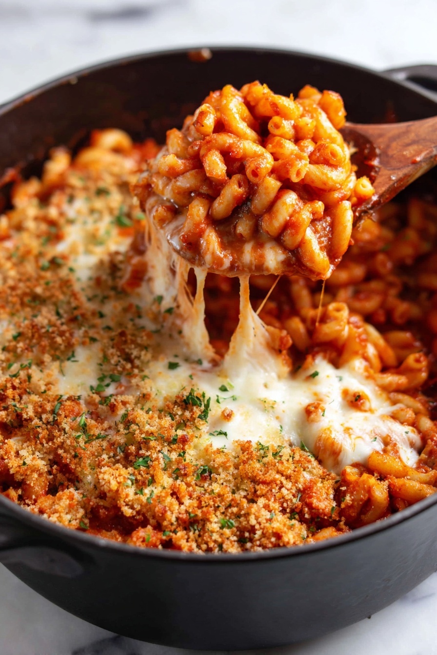 A close-up view of a black pot filled with three main layers: a base layer of orange-red cooked elbow pasta covered in thick tomato sauce, a middle layer of melted white cheese which is stringy and soft, and a top layer of golden brown breadcrumb topping sprinkled with tiny bits of green herbs. The dish is being scooped by a wooden spoon from the right side, lifting a mix of all layers, showing the melty cheese stretching. The pot rests on a white marbled surface. photo taken with an iphone --ar 2:3 --v 7 - One Pot Chicken Parmesan Pasta, easy chicken pasta skillet, Italian chicken dinner, quick weeknight pasta, one pot lasagna style chicken