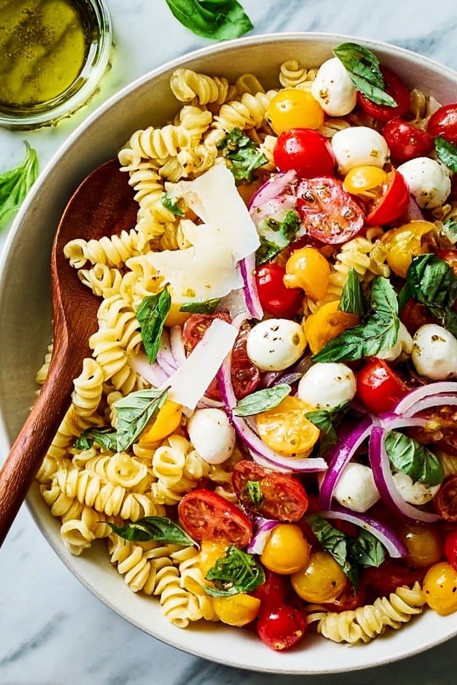 In a clear glass mixing bowl, there are five main layers: bright yellow curly pasta spirals on top, bright red halved cherry tomatoes to one side, fresh dark green basil leaves at the bottom, thinly sliced light purple red onions on the opposite side, and small white mozzarella balls scattered between the onions and tomatoes. Two wooden spoons are mixed gently by two woman's hands at the edge of the bowl. Around the bowl on a white marbled surface are a yellow lemon squeezer, a clear glass bottle with olive oil, and some fresh basil leaves. The overall colors are bright and fresh, and the textures range from smooth and soft to crisp and leafy. Photo taken with an iphone --ar 2:3 --v 7 - Caprese Pasta Salad, Cherry Tomato Pasta Salad, Italian Pasta Salad, Summer Pasta Salad, Fresh Basil Pasta Salad
