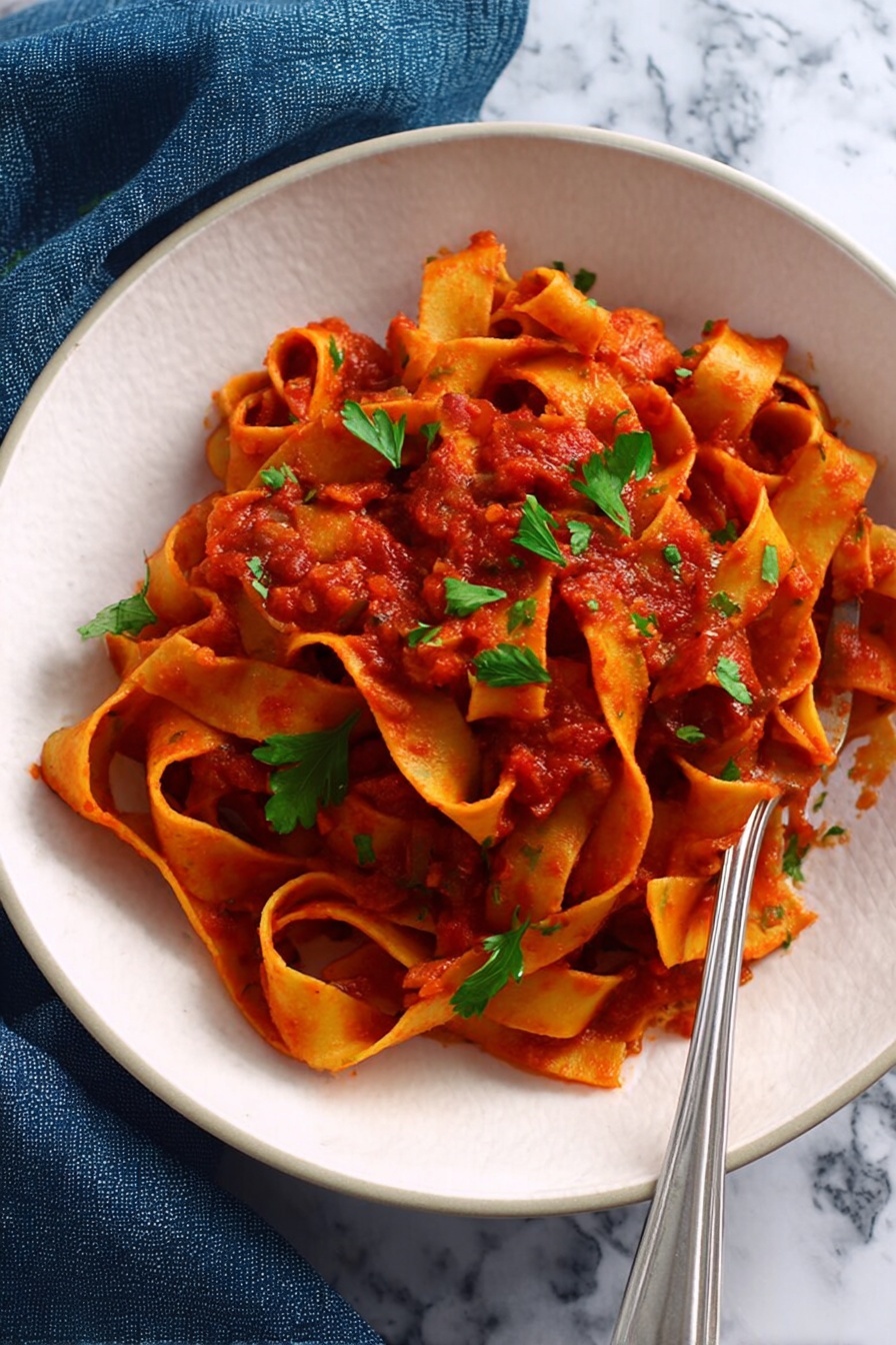 A white bowl holds wide, flat pasta ribbons twisted and layered, covered in a rich red tomato-based sauce with a chunky texture. Fresh green parsley leaves are scattered on top, adding a bright contrast. A silver fork rests at the edge of the bowl. The background is a white marbled surface with a dark blue cloth peeking in the corner. Photo taken with an iphone --ar 2:3 --v 7 - Slow Cooker Pappardelle Bolognese, Italian slow cooker recipes, easy beef Bolognese, homemade pasta sauces, comfort food dinner ideas