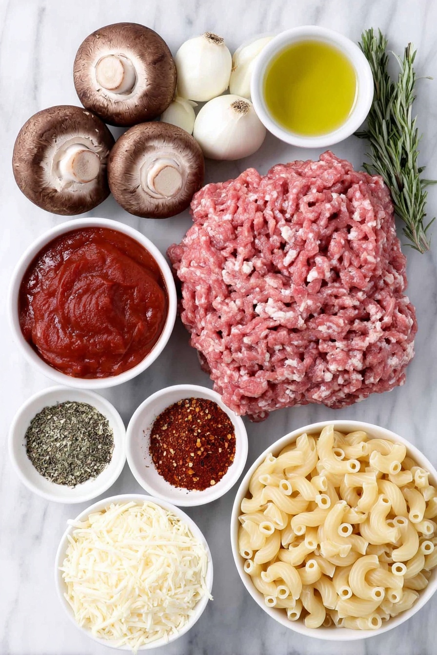 Flat lay of fresh whole brown mushrooms, a small white bowl of golden olive oil, a large chopped yellow onion, five peeled garlic cloves, a finely chopped red bell pepper, raw lean ground beef in a natural pink tone, a whole plum tomatoes cluster with one cut open to reveal juicy interior, a small white bowl filled with thick deep red tomato paste, dried oregano sprigs, scattered crushed red pepper flakes, freshly ground black peppercorns, uncooked elbow macaroni pasta, two generous handfuls of grated sharp cheddar cheese, and a smaller handful of grated pale Parmesan cheese, all arranged symmetrically on simple white ceramic bowls and plates placed on a clean white marble surface, soft natural light, photo taken with an iPhone, professional food photography style, fresh ingredients, white ceramic bowls, no bottles, no duplicates, no utensils, no packaging --ar 2:3 --v 7 --p m7354615311229779997 - Beef Mushroom Johnny Marzetti Casserole, hearty casserole recipes, comfort food dinners, ground beef mushroom casserole, family-friendly casserole dishes