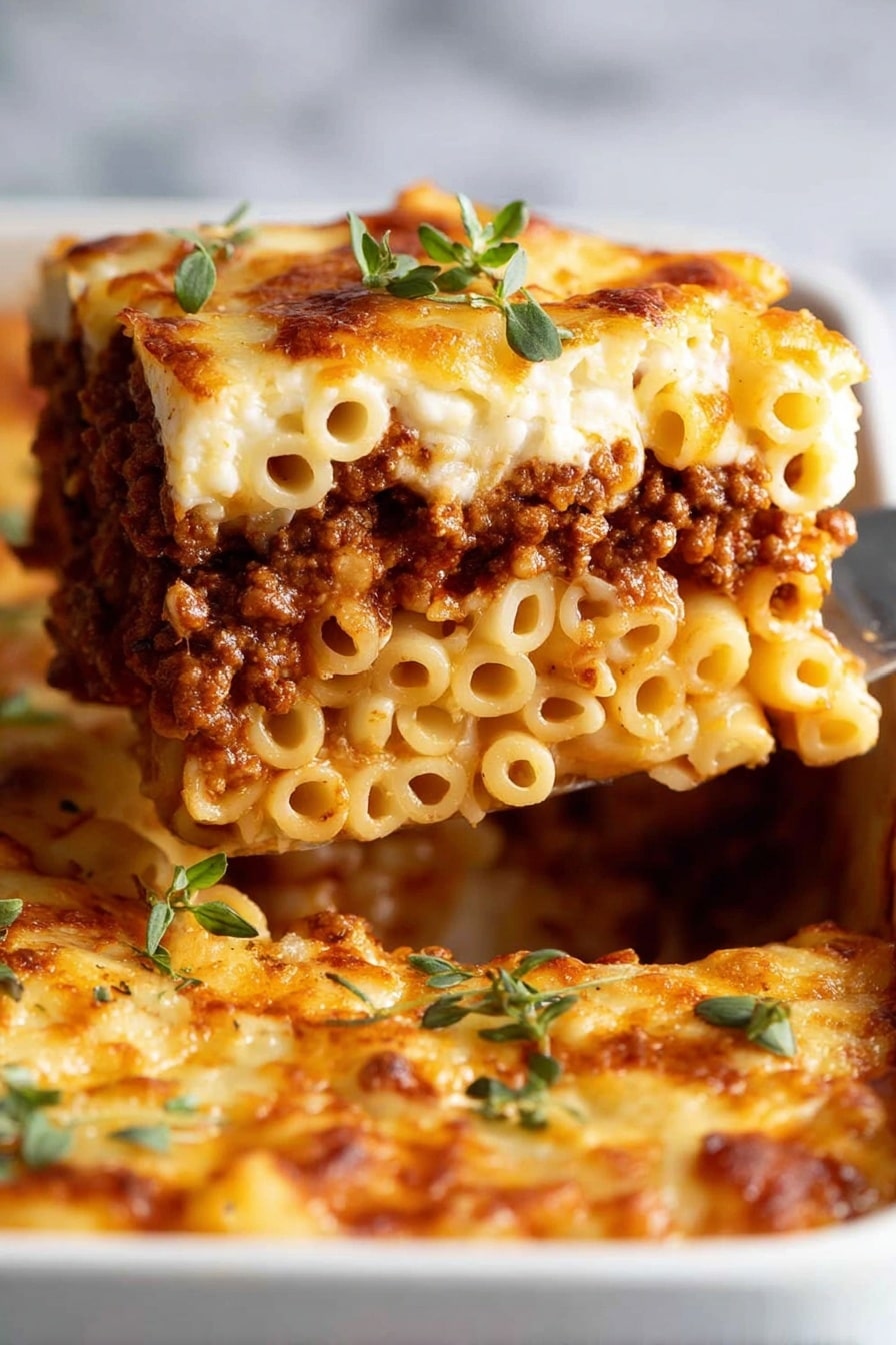A close-up view of a slice of baked pasta being lifted, showing three layers: the bottom layer has light yellow macaroni noodles, the middle layer is rich brown cooked ground meat sauce, and the top layer has a golden browned melted cheese crust with small green herb leaves on top. The dish is in a white baking pan on a white marbled surface. Photo taken with an iphone --ar 2:3 --v 7 - Greek Pastitsio Pasta Bake, Greek pasta casserole, Mediterranean pasta bake, authentic Greek pasta, comforting Greek baked pasta