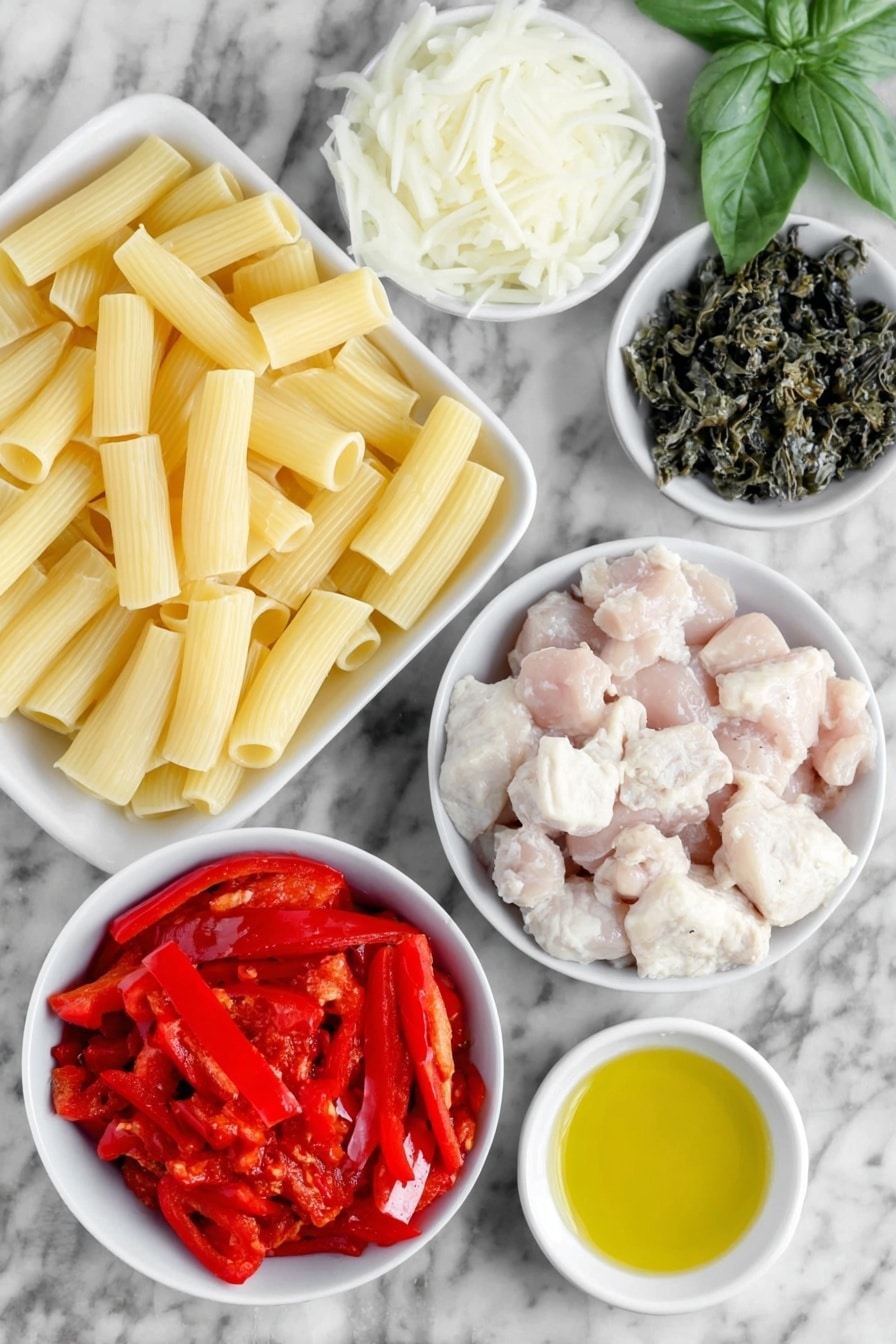Flat lay of a small pile of uncooked rigatoni pasta with ridges, a few raw boneless skinless chicken thighs diced into cubes, a whole red bell pepper sliced into strips, a diced white onion, three peeled garlic cloves chopped finely, a small white ceramic bowl with bright red pickled cherry peppers, another small white bowl filled with a creamy off-white liquid representing heavy cream, a small white bowl containing fire-roasted crushed tomatoes with visible charred bits, a small white bowl holding golden olive oil, a few fresh bright green basil leaves scattered, and a small mound of finely grated pale yellow parmesan cheese, all placed on a clean white marble surface, soft natural light, photo taken with an iPhone, professional food photography style, fresh ingredients, white ceramic bowls, no bottles, no duplicates, no utensils, no packaging --ar 2:3 --v 7 --p m7354615311229779997 - Chicken Riggies, Chicken Riggies pasta, Upstate New York Chicken Riggies, spicy chicken pasta, easy Chicken Riggies recipe