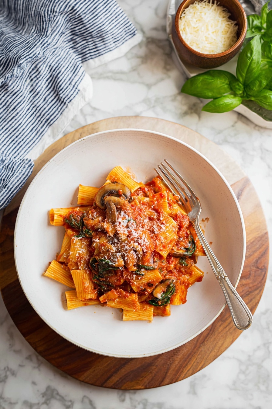 A white plate sits on a wooden board atop a white marbled surface, filled with a serving of rigatoni pasta covered in thick red tomato sauce mixed with pieces of mushrooms and green spinach leaves. The pasta is topped with a light sprinkle of grated cheese and a silver fork rests beside the pasta on the plate’s right side. In the background, there is a small brown bowl filled with grated cheese and fresh green basil leaves nearby, with a blue and white striped cloth partially visible on the left side. Photo taken with an iphone --ar 2:3 --v 7 - Chicken Riggies, Chicken Riggies pasta, Upstate New York Chicken Riggies, spicy chicken pasta, easy Chicken Riggies recipe