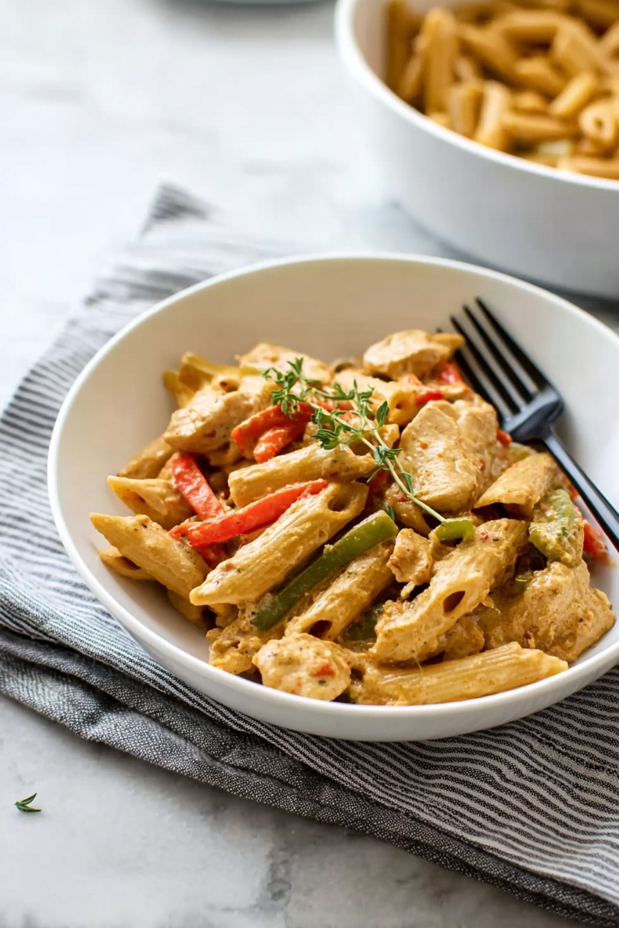 A white bowl filled with creamy penne pasta mixed with pieces of cooked chicken and strips of red and green bell peppers. The pasta is coated in a light brown creamy sauce with a sprig of fresh thyme on top. A black fork lies on the right side of the bowl. The bowl sits on a folded striped cloth on a white marbled surface. In the background, part of another white bowl with more pasta is visible, slightly out of focus. Photo taken with an iphone --ar 2:3 --v 7 - Jerk Chicken Rasta Pasta, Jamaican jerk pasta, spicy jerk chicken recipe, creamy pasta with jerk chicken, tropical pasta dish