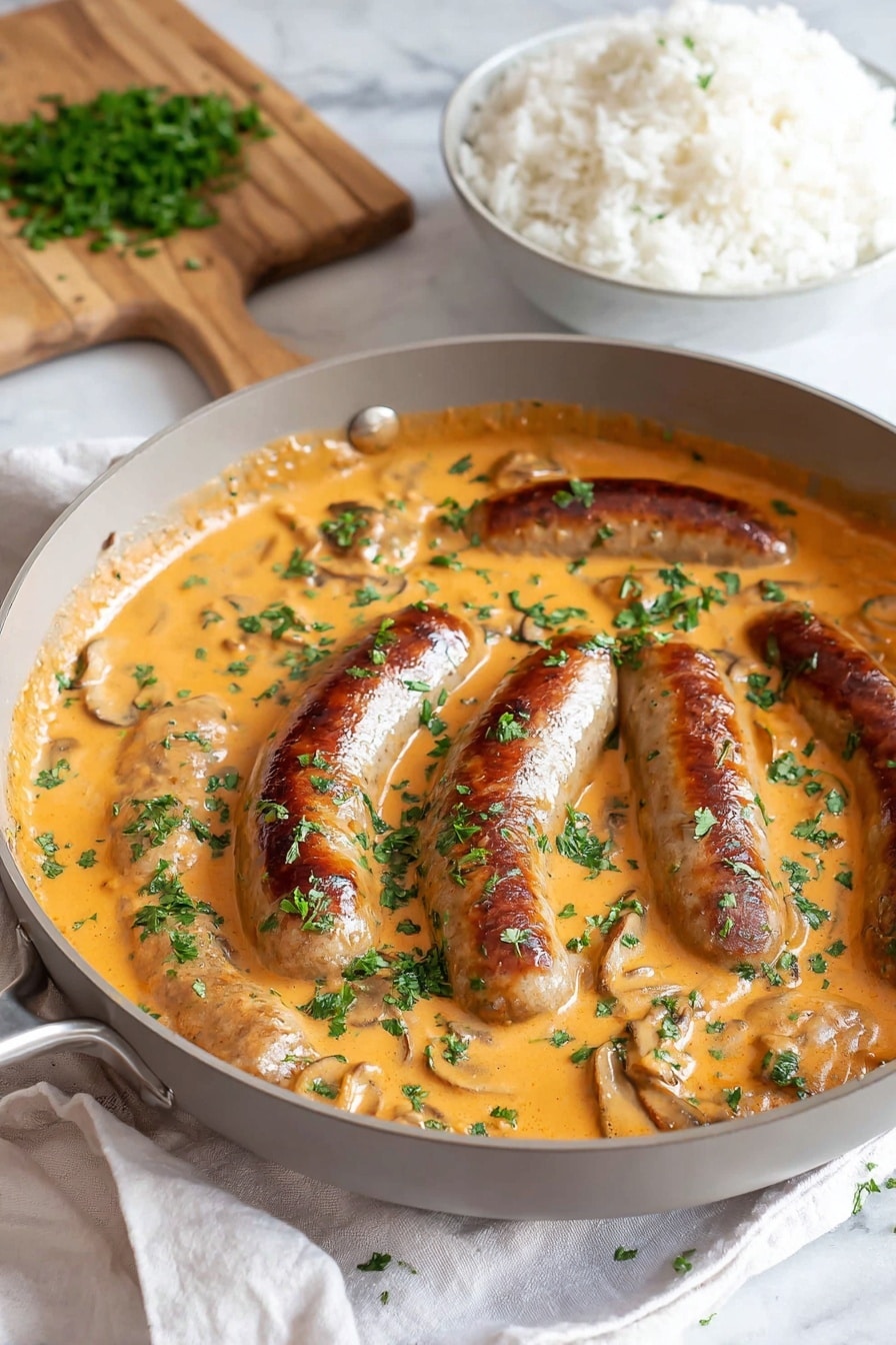 A frying pan contains six browned sausages partly covered in thick, creamy orange sauce with visible sliced mushrooms inside. The sauce has a smooth texture and is sprinkled with small green parsley pieces on top. Behind the pan, a light wooden cutting board holds chopped parsley, and next to it is a white bowl full of fluffy white rice. The whole scene is set on a white marbled surface with a white cloth beneath the pan, giving a clean and bright kitchen look. Photo taken with an iphone --ar 2:3 --v 7 - Creamy Sausage Stroganoff, sausage stroganoff, easy sausage dinner, comforting weeknight meals, flavorful sausage recipes