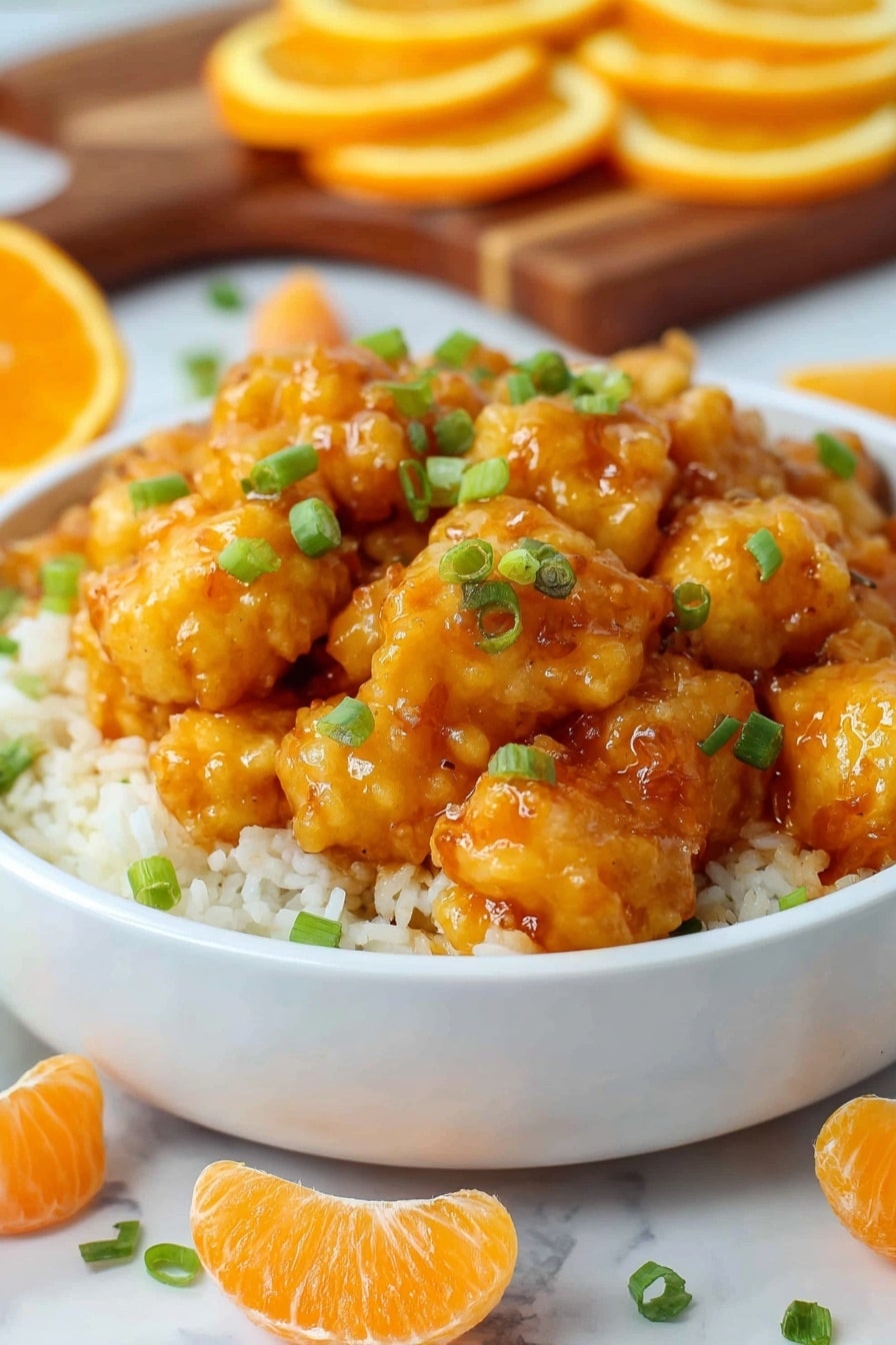 A white bowl is filled with three main layers: the bottom layer is soft white rice, the middle layer holds golden-orange battered chicken pieces covered in a shiny orange sauce, and the top layer is small bright green chopped scallions scattered on the chicken. In the background, slices of bright orange oranges are arranged on a wooden board and some are in front of the bowl, all placed on a white marbled surface. The image is close-up with a sharp focus on the chicken and a blurred background. photo taken with an iphone --ar 2:3 --v 7 - Crispy Chinese Orange Chicken, Chinese Orange Chicken, Easy Orange Chicken, Homemade Orange Chicken, Orange Chicken stir-fry