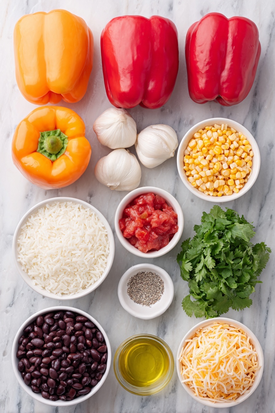 Flat lay of eight medium bell peppers in red, yellow, and orange, a few whole brown onions, three uncracked white garlic bulbs, a small white ceramic bowl of bright yellow corn kernels, a small white ceramic bowl filled with cooked white rice, a small white ceramic bowl containing black beans, a small white ceramic bowl with diced red tomatoes (juices drained), a small white ceramic bowl of shredded orange cheddar cheese, a bunch of fresh green cilantro sprigs, a small white ceramic bowl with golden olive oil, a small white ceramic bowl of coarse kosher salt, and a small white ceramic bowl of ground black pepper, arranged symmetrically and balanced, placed on a clean white marble surface, soft natural light, photo taken with an iPhone, professional food photography style, fresh ingredients, white ceramic bowls, no bottles, no duplicates, no utensils, no packaging --ar 2:3 --v 7 --p m7354615311229779997 - Mexican Stuffed Bell Peppers, stuffed bell peppers, Mexican stuffed peppers recipe, easy stuffed peppers, healthy Mexican stuffed peppers