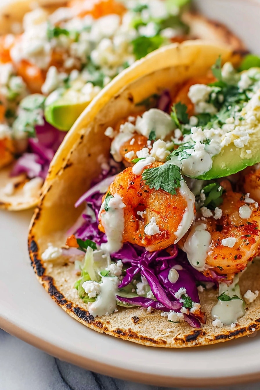A close-up of two tacos on a white plate with a white marbled surface. Each taco has a soft, slightly charred corn tortilla as the base. Inside the tortillas, there are pieces of cooked orange shrimp layered with slices of fresh green avocado, purple shredded cabbage, and green cilantro leaves. White crumbly cheese is sprinkled over the ingredients. The tacos are finished with a drizzle of white creamy sauce on top. Photo taken with an iphone --ar 2:3 --v 7 - Shrimp Tacos with Lime Cream Sauce, shrimp taco recipe, seafood tacos, easy shrimp tacos, lime cream sauce tacos