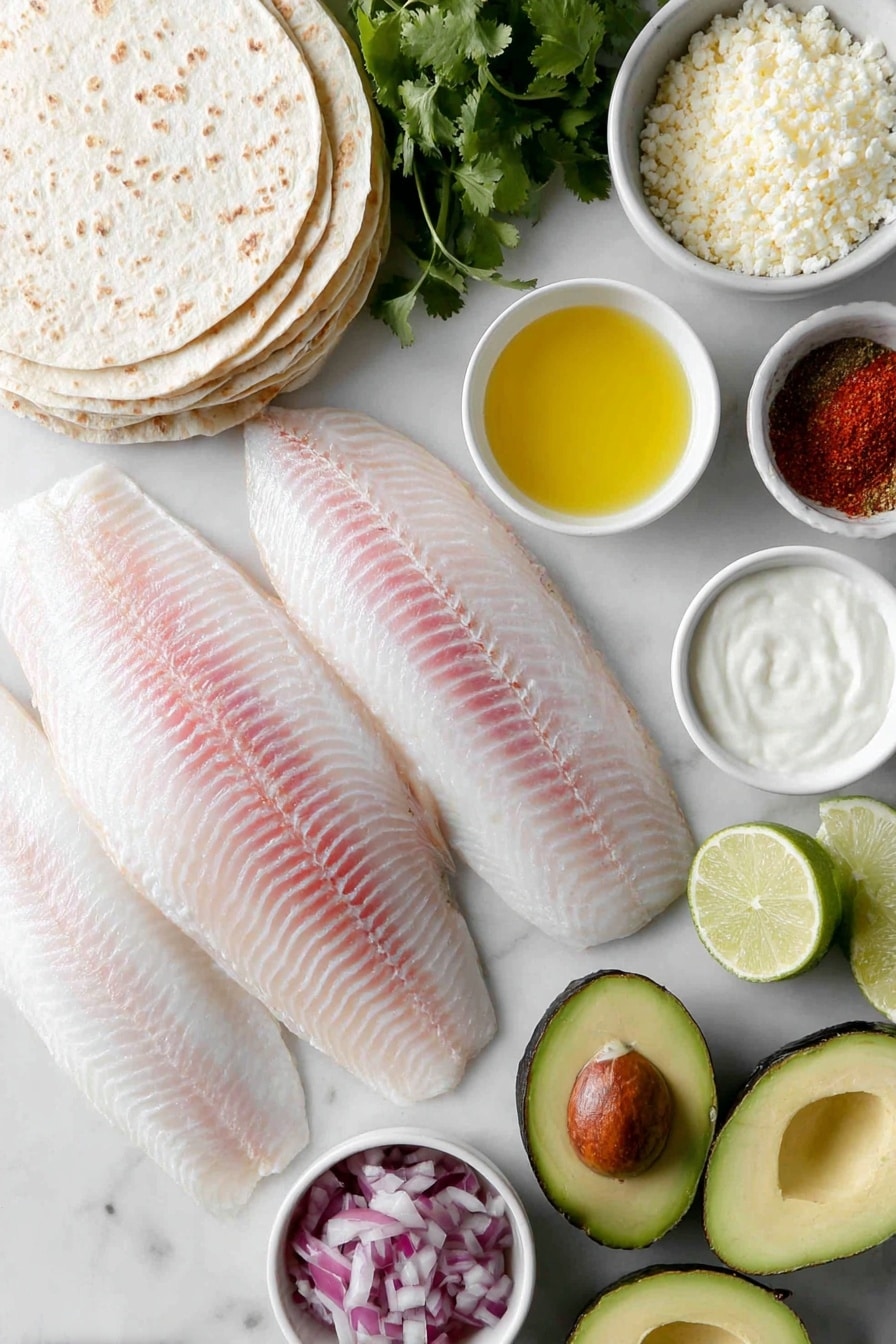 Flat lay of small white corn tortillas stacked neatly, raw whole tilapia fillet with glistening skin, a few sprigs of fresh cilantro with long stems removed, half small purple cabbage quartered to show vibrant layers, two medium ripe avocados sliced lengthwise displaying creamy green flesh, two whole roma tomatoes with smooth red skin, half diced red onion in a small white ceramic bowl, a small white bowl filled with grated Cotija cheese, a whole lime cut into wedges arranged symmetrically, a small white bowl with sour cream, a small white bowl with mayonnaise, a small white bowl containing golden olive oil, a small white bowl showing smooth melted unsalted butter, a tiny white bowl holding ground cumin powder, a tiny white bowl with fine cayenne pepper, a tiny white bowl of coarse salt, a tiny white bowl of black pepper, a small white bowl with bright red Sriracha sauce, a small white bowl with pale lime juice, a tiny white bowl containing garlic powder, all placed on a clean white marble surface, soft natural light, photo taken with an iPhone, professional food photography style, fresh ingredients, white ceramic bowls, no bottles, no duplicates, no utensils, no packaging --ar 2:3 --v 7 --p m7354615311229779997 - Best Fish Tacos with Lime Crema, fish tacos with lime sauce, seafood tacos with creamy lime dressing, easy fish taco recipe, healthy fish taco ideas