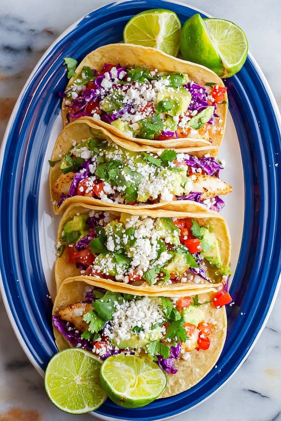 Three soft corn tacos are placed side by side on a white marbled surface, each taco shell lightly toasted with subtle brown spots. Inside each taco, there is a base layer of flaky white fish, topped with vibrant purple shredded cabbage, small red tomato pieces, and diced green avocado. A drizzle of creamy white sauce runs across the filling, with fresh green cilantro leaves scattered on top and around the tacos. Small wedges of lime sit near the tacos on the white marbled surface. The image has a bright and fresh look. photo taken with an iphone --ar 2:3 --v 7 - Best Fish Tacos with Lime Crema, fish tacos with lime sauce, seafood tacos with creamy lime dressing, easy fish taco recipe, healthy fish taco ideas