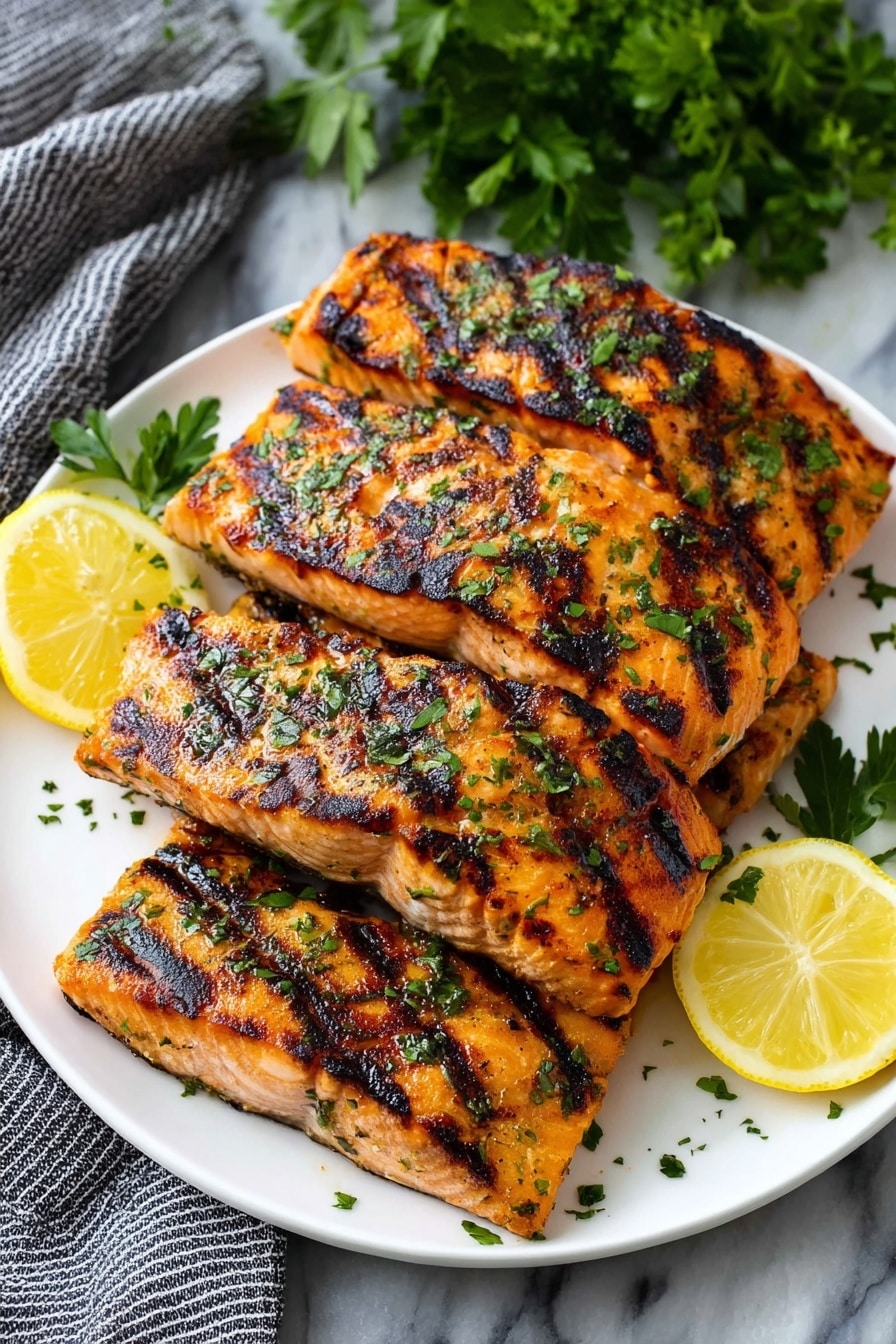 A white plate holds five grilled salmon fillets stacked in two layers, each piece showing charred grill marks and sprinkled with finely chopped green herbs. The salmon's orange-pink flesh contrasts with the dark grill lines, and two bright yellow lemon wedges rest on top and beside the fillets, adding a fresh touch. A small parsley sprig decorates the plate, while a grey striped cloth and green parsley leaves sit in the background on a white marbled surface. photo taken with an iphone --ar 2:3 --v 7 - Grilled Salmon with Flavorful Marinade, healthy grilled salmon, salmon marinade recipe, easy salmon grill recipe, flavorful seafood dishes