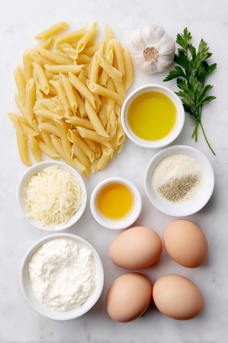 Flat lay of dried penne pasta scattered beside a small mound of peeled and diced yellow onion, four whole garlic cloves, a small white bowl filled with golden olive oil, another small white bowl containing smooth orange pumpkin purée, a small white bowl of thick heavy cream, a neat heap of dried ground sage powder, a simple pile of shredded pale yellow Parmesan cheese, a few fresh bright green parsley sprigs, a small white bowl holding raw green pepitas, and two uncracked brown eggs arranged symmetrically, all placed on a clean white marble surface, soft natural light, photo taken with an iPhone, professional food photography style, fresh ingredients, white ceramic bowls, no bottles, no duplicates, no utensils, no packaging --ar 2:3 --v 7 --p m7354615311229779997 - Creamy Pumpkin Pasta Sauce, pumpkin pasta sauce recipe, easy pumpkin pasta, fall pasta recipes, cozy pasta dishes