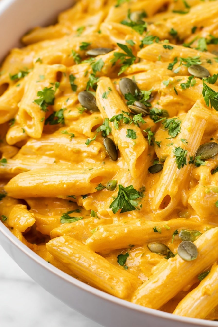 This dish shows a close-up of penne pasta covered in a creamy orange sauce, with the pasta arranged in a single thick layer filling a white bowl. On top, there are small green pumpkin seeds scattered unevenly and chopped fresh parsley pieces spread across, adding a touch of bright green contrast to the dish. The pasta has a smooth, slightly glossy texture, and the sauce lightly clings to each piece. The white marbled surface is just barely visible at the edge of the bowl. photo taken with an iphone --ar 2:3 --v 7 - Creamy Pumpkin Pasta Sauce, pumpkin pasta sauce recipe, easy pumpkin pasta, fall pasta recipes, cozy pasta dishes