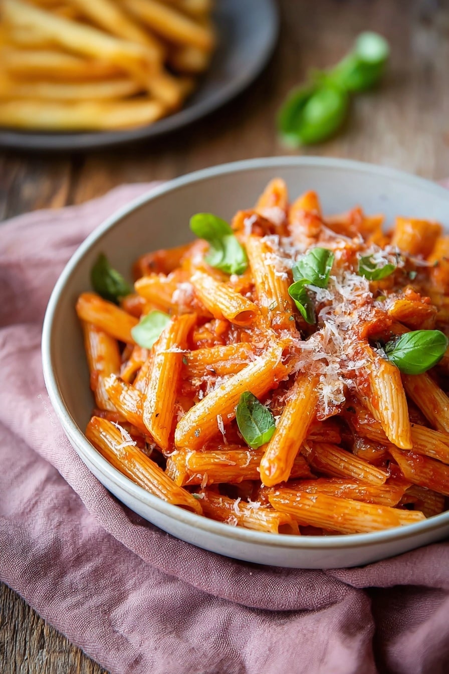 A bowl of penne pasta with three visible layers: a base of bright orange-red tomato sauce coating the penne pieces, scattered fresh green basil leaves on top adding a fresh look, and a light dusting of shredded white cheese sprinkled evenly over the dish. The pasta is served in a round light gray bowl placed on a soft mauve cloth, sitting on a rustic wooden table with a slightly blurred plate with fries in the background. Photo taken with an iphone --ar 2:3 --v 7 - Quick Penne Pomodoro with Fresh Basil, easy penne pasta recipes, quick tomato pasta, fresh basil pasta, simple Italian pasta recipes