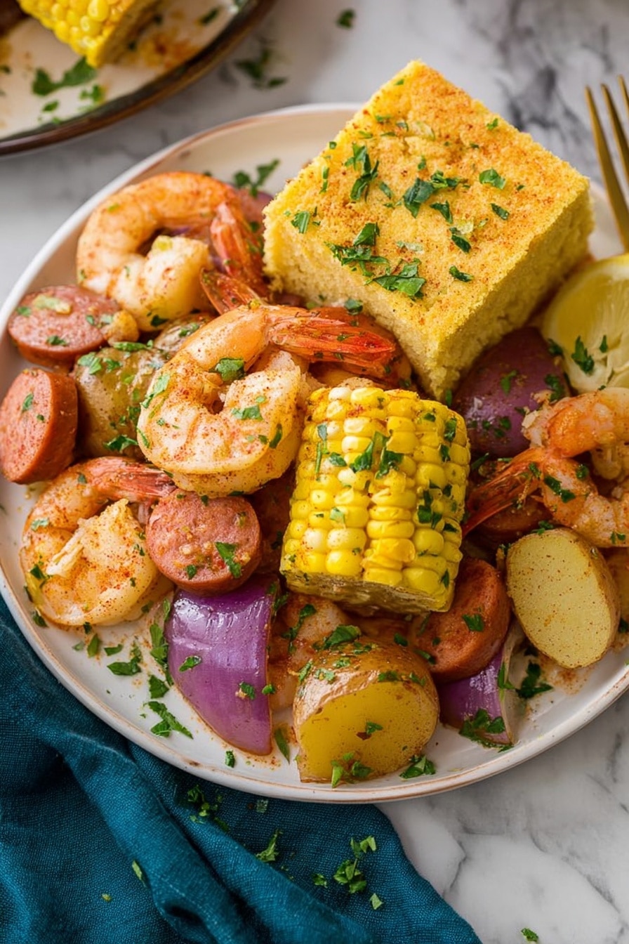 The dish is served on a white plate filled with several layers of food. The bottom layer has lemon wedges and chopped green herbs scattered all over. On top of that, there are bright yellow corn pieces cut into chunks with a rough texture, and light brown potato halves with a smooth surface. Orange shrimp with a slightly rough texture are placed on and around the corn and potatoes. There are also round slices of reddish sausage with a firm texture and some purple onion pieces adding color contrast. On one side of the plate, a thick square of golden-yellow cornbread with a coarse crumb sits. All the ingredients have a light sprinkling of green herbs and spices. The plate is placed on a white marbled surface with a dark teal cloth visible at the bottom left corner. Photo taken with an iphone --ar 2:3 --v 7 - Shrimp Boil, Shrimp Boil with Corn and Sausage, Seafood Boil, Easy Shrimp Boil, One-Pot Shrimp Feast