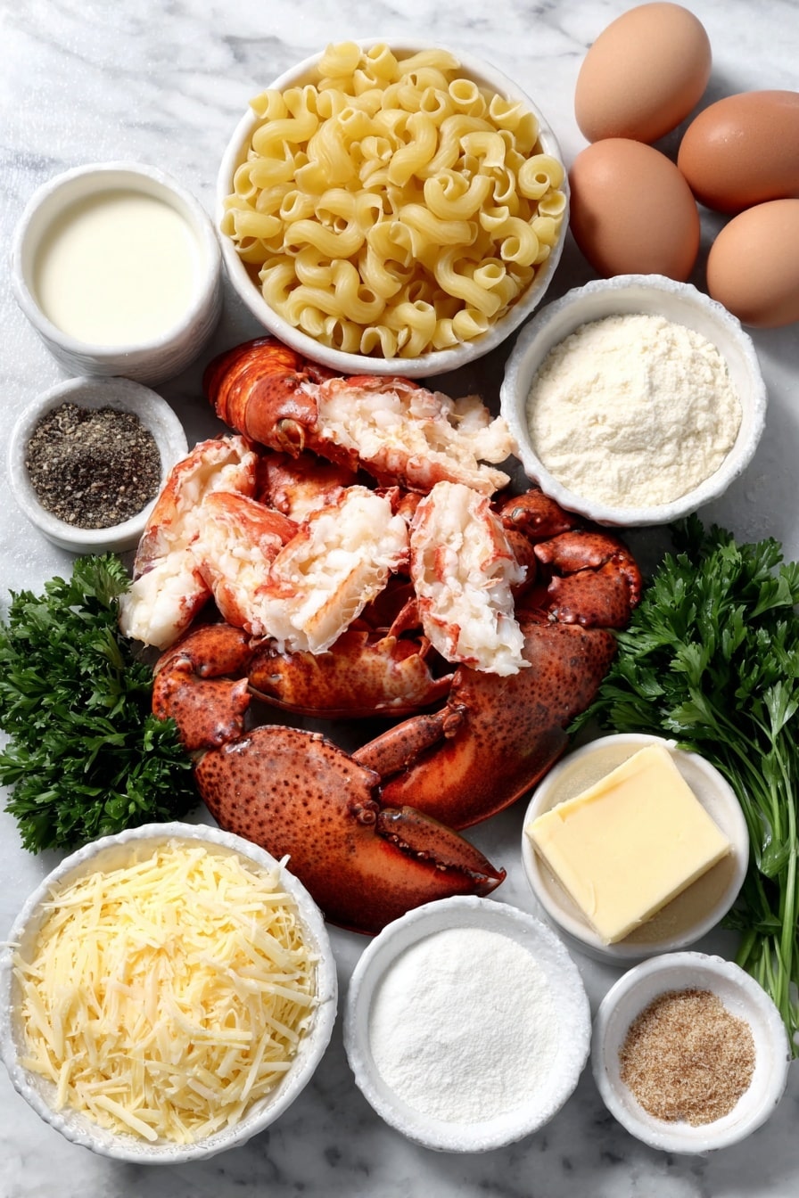 Flat lay of cooked chopped lobster meat with bright red shells visible, a small pile of uncooked cavatappi pasta, a few sprigs of fresh green parsley, a chunk of salted butter, a small white bowl of all-purpose flour, a small white bowl with onion powder, another small white bowl with dry mustard powder, a small white bowl containing coarse sea salt, a small white bowl with Old Bay Seasoning, a small white bowl with ground black pepper, a small white bowl filled with whole milk, a small white bowl filled with half and half cream, a small white bowl heaped with shredded sharp cheddar cheese, a small white bowl heaped with shredded Gruyere cheese, a small white bowl heaped with shredded Parmesan cheese, a small white bowl of seasoned bread crumbs, two whole brown eggs with clean shells arranged apart on white ceramic dishes, placed on a clean white marble surface, soft natural light, photo taken with an iPhone, professional food photography style, fresh ingredients, white ceramic bowls, no bottles, no duplicates, no utensils, no packaging --ar 2:3 --v 7 --p m7354615311229779997 - Creamy Lobster Mac and Cheese, lobster mac and cheese recipe, gourmet pasta with lobster, cheesy lobster pasta, indulgent seafood macaroni