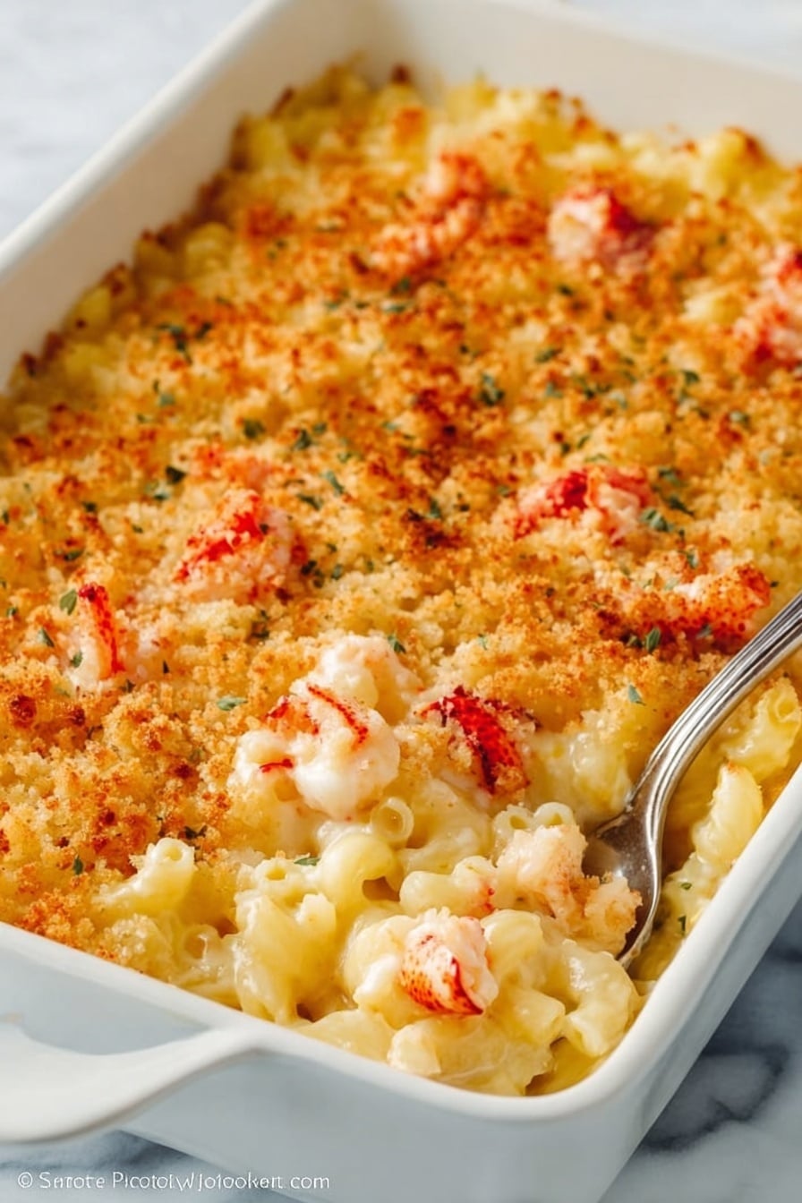 This image shows a close-up of a creamy baked macaroni and cheese dish in a white rectangular ceramic baking dish. The macaroni noodles form the base layer, covered by a melted cheese sauce that is creamy yellow-white in color. On top, there is a golden-brown crust made of toasted breadcrumbs, sprinkled with bits of red lobster meat scattered evenly over the surface. A silver serving spoon is scooping some of the macaroni and cheese from the left side of the dish, revealing the soft pasta and cheese underneath. The background is a white marbled surface. photo taken with an iphone --ar 2:3 --v 7 - Creamy Lobster Mac and Cheese, lobster mac and cheese recipe, gourmet pasta with lobster, cheesy lobster pasta, indulgent seafood macaroni