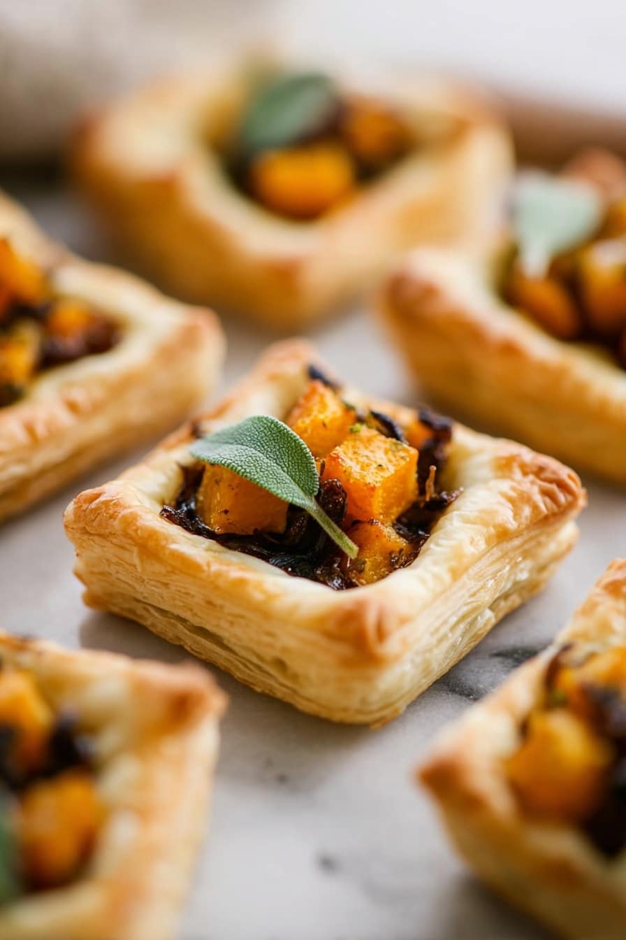 The image shows several small square puff pastry tarts arranged closely together on a white marbled surface. Each tart has a golden-brown, flaky crust with raised edges forming a well in the center. Inside the well, there are small, bright orange cubes of roasted squash layered on top of dark caramelized onions. A small sprig of green herb, possibly sage, rests on top of each tart, adding a fresh touch. The tarts have a soft, layered texture that contrasts with the crisp crusts. The focus is on the front tart, with the others softly blurred in the background. Photo taken with an iphone --ar 2:3 --v 7 - Mini Butternut Squash Tarts, butternut squash appetizers, savory pumpkin tarts, easy holiday appetizers, puff pastry squash bites
