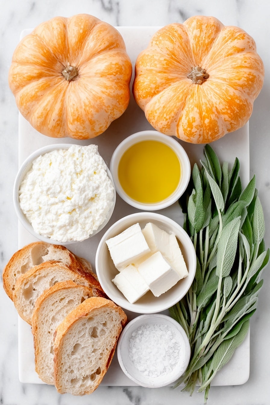 Flat lay of two small whole honeynut squashes, a small pile of peeled 1/2 inch honeynut squash cubes on a simple white ceramic plate, a small white ceramic bowl of whole milk ricotta cheese, a small white ceramic bowl with heavy cream, a small white ceramic bowl filled with golden olive oil, two bunches of fresh green sage leaves spread neatly, a white ceramic plate with several slices of fresh baguette, a small white ceramic bowl of flaky Maldon salt flakes, placed on a clean white marble surface, soft natural light, photo taken with an iPhone, professional food photography style, fresh ingredients, white ceramic bowls, no bottles, no duplicates, no utensils, no packaging --ar 2:3 --v 7 --p m7354615311229779997 - Roasted Honeynut Squash Crostini with Ricotta, Honeynut Squash Crostini appetizer, easy squash crostini, fall vegetarian appetizers, gourmet squash crostini