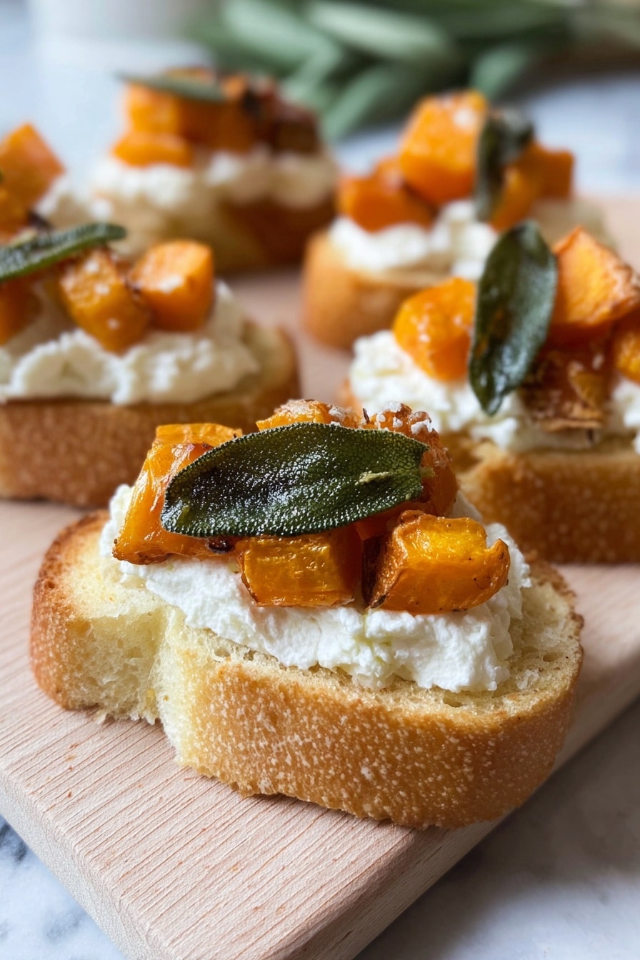 Six small pieces of toasted bread are placed on a light wooden board. Each bread has three layers: first, a smooth layer of white spread; second, several small orange roasted cubes; and third, two or three dark green leaves that look fresh and soft. The bread pieces are arranged in two rows of three. The board sits on a round placemat with a gold patterned texture. Around the edges of the board, fresh green leafy stems are placed to decorate. All this is set on a white marbled surface. Photo taken with an iphone --ar 2:3 --v 7 - Roasted Honeynut Squash Crostini with Ricotta, Honeynut Squash Crostini appetizer, easy squash crostini, fall vegetarian appetizers, gourmet squash crostini