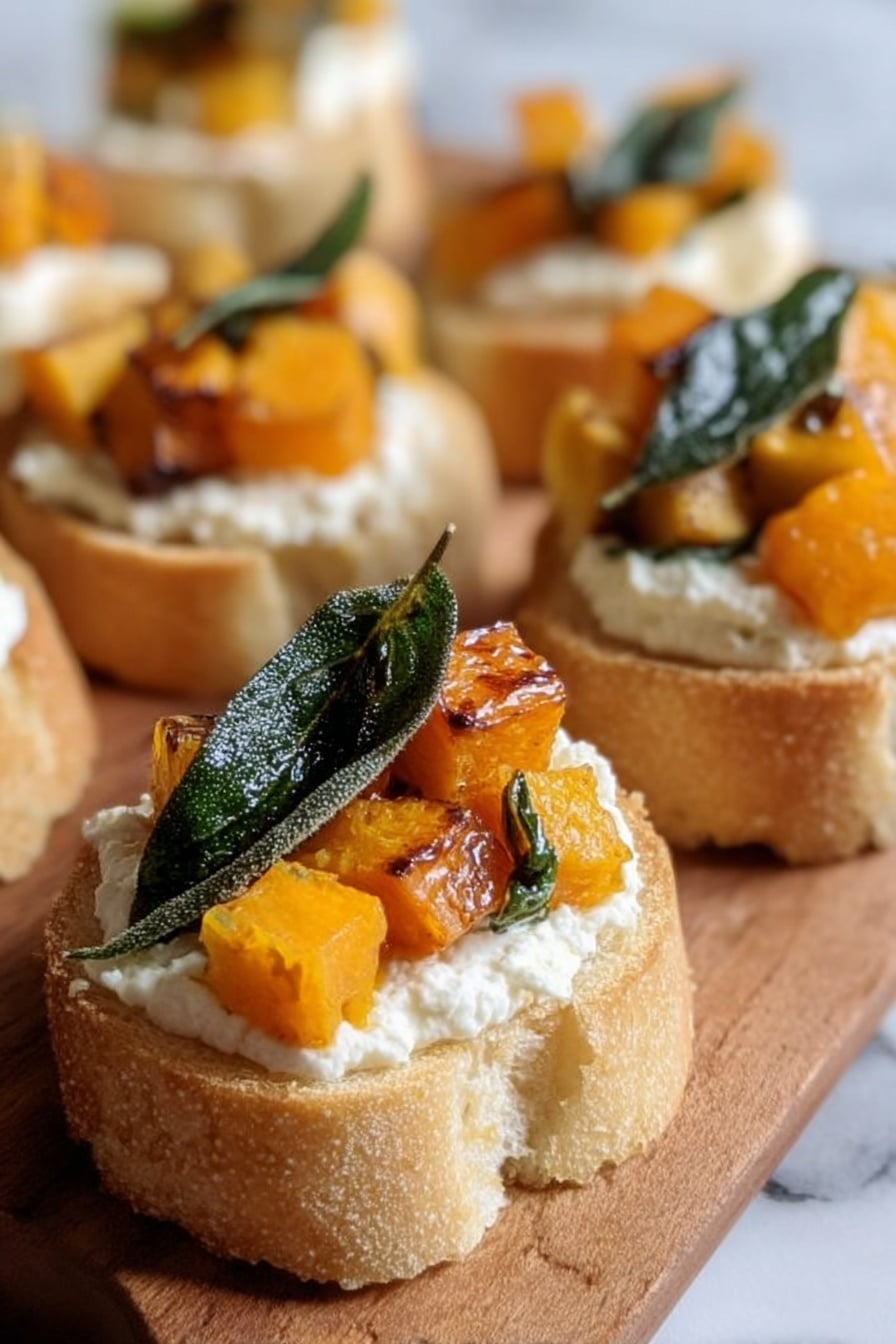 The image shows several small round toasts with three layers. The bottom layer is light tan toasted bread with a crisp texture. The middle layer is creamy white cheese, spread evenly and thick on each toast. The top layer has small bright orange cubes of roasted pumpkin and a dark green crispy leaf placed on each toast. The toasts are on a wooden board, and the background is a white marbled surface. photo taken with an iphone --ar 2:3 --v 7 - Roasted Honeynut Squash Crostini with Ricotta, Honeynut Squash Crostini appetizer, easy squash crostini, fall vegetarian appetizers, gourmet squash crostini