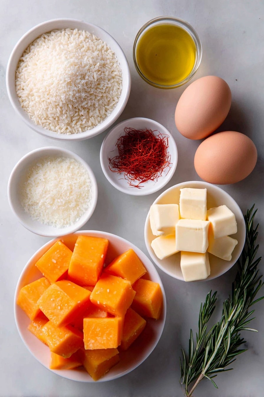 Flat lay of bright orange butternut squash cubes neatly arranged, a small white bowl of golden extra virgin olive oil, two whole brown eggs with clean shells, a simple white bowl filled with tiny red saffron threads, a mound of pale ivory Arborio rice, a small white bowl with minced sweet onion, two garlic cloves with their papery skins, a small white bowl of freshly grated parmesan cheese, a sprig of fresh green rosemary, a small white bowl holding rich yellow butter cubes, all symmetrically spaced on a clean white marble surface, soft natural light, photo taken with an iPhone, professional food photography style, fresh ingredients, white ceramic bowls, no bottles, no duplicates, no utensils, no packaging --ar 2:3 --v 7 --p m7354615311229779997 - Butternut Squash Risotto with Saffron, creamy butternut squash risotto, saffron risotto recipes, vegetarian risotto ideas, cozy fall risotto