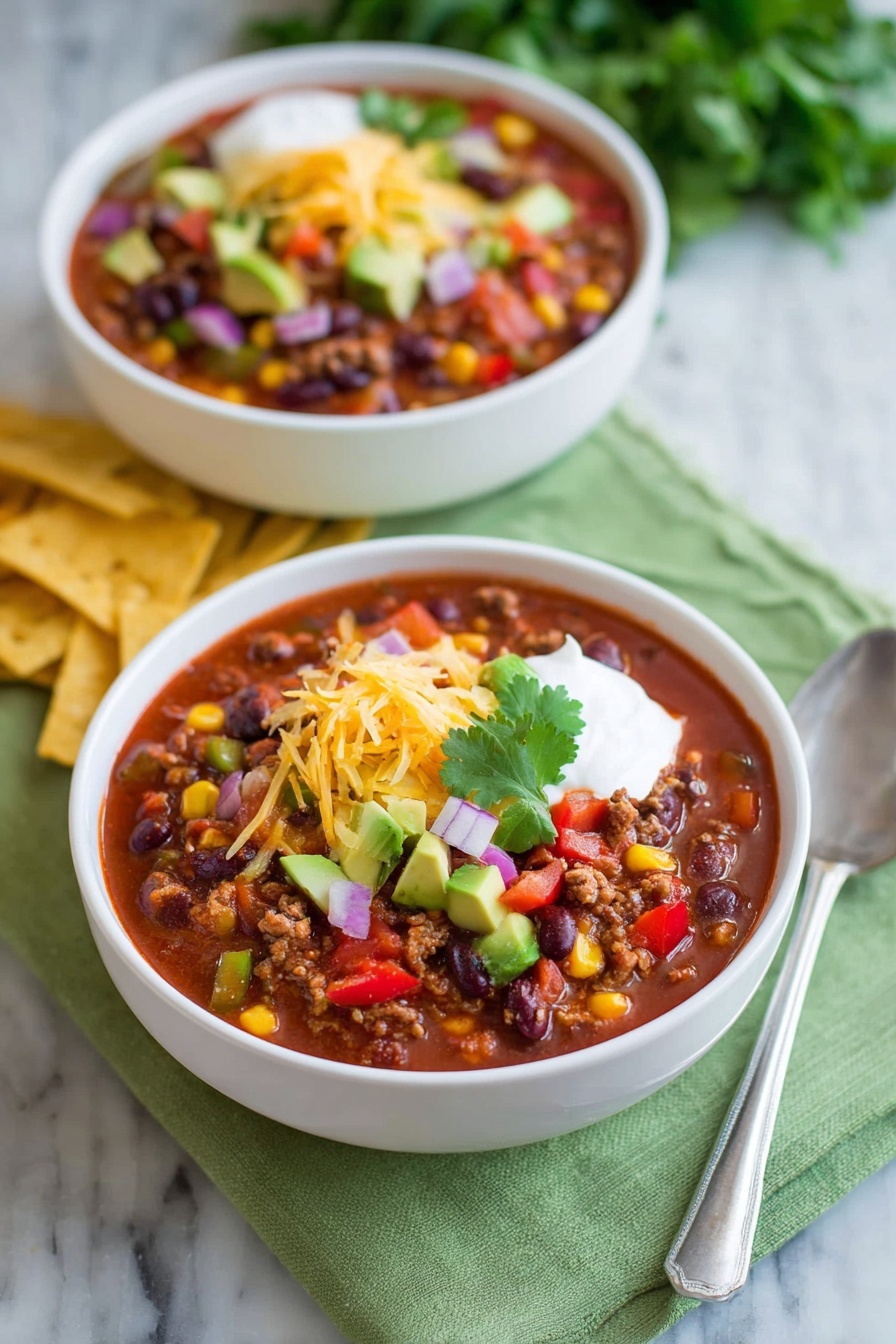 Two white bowls of chili sit on a white marbled surface layered over a green cloth. The front bowl is filled with a thick red chili base that holds visible chunks of brown ground meat, red and black beans, yellow corn, and diced red and green peppers. On top, there is a layer of shredded yellow and white cheese, a dollop of white sour cream, and a small green cilantro leaf. Beside this bowl are thin yellow tortilla strips laying flat. Behind it, the second white bowl contains more chili with a mixture of similar colorful ingredients including corn, beans, diced avocado, and red onions. To the right on the white marbled surface, a silver spoon is placed next to the front bowl, and a bunch of green cilantro leaves lies near the second bowl. photo taken with an iphone --ar 2:3 --v 7 - Hearty Taco Soup, taco soup recipe, easy taco soup, Mexican soup recipes, comforting taco soup