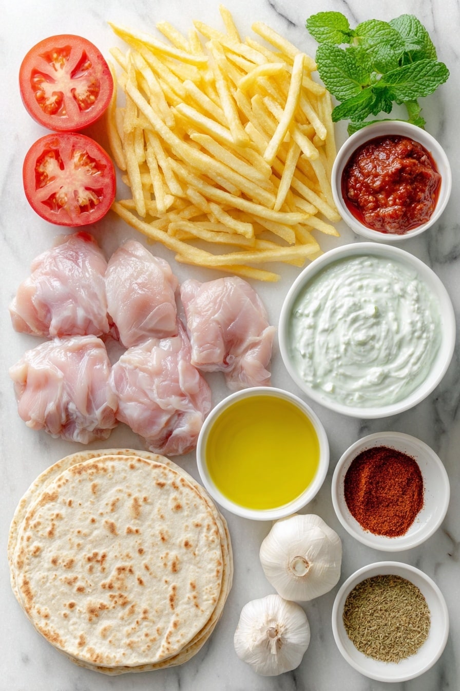 Flat lay of frozen French fries piled loosely, two ripe red tomatoes sliced into rounds, one whole red onion thinly sliced into delicate rings, a small handful of fresh bright green mint leaves, four soft Lebanese flatbreads stacked neatly, a small white ceramic bowl filled with creamy white Greek yoghurt, a small white ceramic bowl with smooth pale garlic dip, raw boneless, skinless chicken thighs arranged evenly, a small white ceramic bowl containing deep red tomato paste, a small white ceramic bowl with freshly squeezed lemon juice, a few cloves of whole fresh garlic, a small white ceramic bowl with golden olive oil, a small white ceramic bowl with ground cumin powder, a small white ceramic bowl with ground cardamom powder, a small white ceramic bowl with sweet paprika powder, a small white ceramic bowl with smoked paprika powder, a small white ceramic bowl holding coarse sea salt flakes, a small white ceramic bowl with freshly cracked black pepper, all ingredients spaced evenly and symmetrically, placed on a clean white marble surface, soft natural light, photo taken with an iPhone, professional food photography style, fresh ingredients, white ceramic bowls, no bottles, no duplicates, no utensils, no packaging --ar 2:3 --v 7 --p m7354615311229779997 - Easy Chicken Shawarma Wraps with Garlic Yoghurt, chicken shawarma wraps, flavorful chicken wraps, quick shawarma recipe, garlic yoghurt sauce wraps