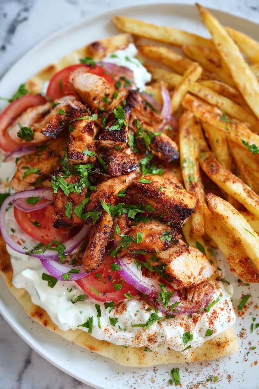 The image shows a white plate with a thick base of flatbread topped with a layer of creamy white sauce. On top of the sauce, there are slices of red tomato and thin rings of purple onion. Grilled pieces of brown, slightly charred chicken are arranged on top of the veggies, sprinkled with chopped green herbs. Thick, golden fries seasoned with a dark powder lean on the chicken. The plate is placed on a white marbled surface, and the food looks fresh and colorful. photo taken with an iphone --ar 2:3 --v 7 - Easy Chicken Shawarma Wraps with Garlic Yoghurt, chicken shawarma wraps, flavorful chicken wraps, quick shawarma recipe, garlic yoghurt sauce wraps