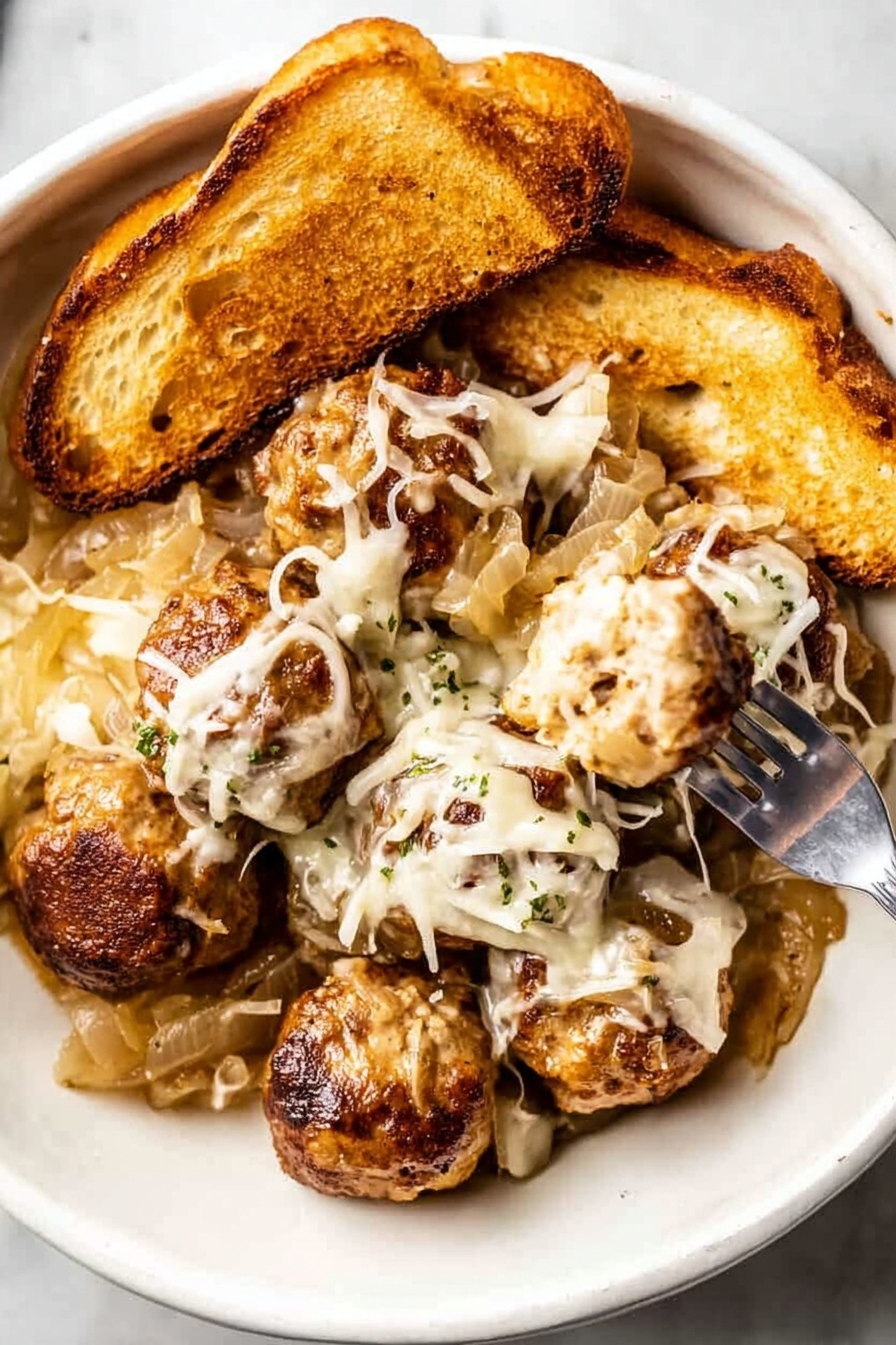 The dish shows a silver skillet filled with multiple brown meatballs, evenly spread across the pan. Between and on top of the meatballs is melted white cheese with a slightly glossy and stretchy texture. Small pieces of fresh green herbs are sprinkled over the cheese and meatballs, adding a touch of color. The sauce beneath is dark brown and rich, partially visible around the meatballs and cheese. The surface under the skillet is a white marbled texture photo taken with an iphone --ar 2:3 --v 7 - Slow Cooker French Onion Meatballs, French Onion Soup Meatballs, Easy Slow Cooker Meatball Recipe, Cozy Dinner Ideas, Comfort Food Recipes