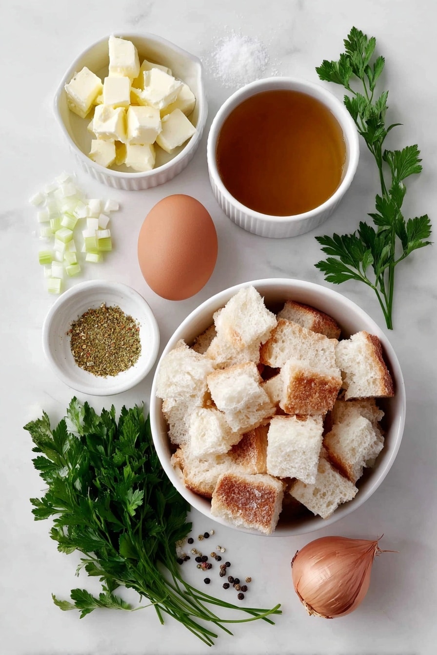 Flat lay of a small white ceramic bowl of butter cubes, a few crisp chopped celery stalks, a small pile of peeled shallots, one large whole brown egg with a clean shell, a small white bowl with golden poultry seasoning powder, a small bunch of fresh Italian flat leaf parsley with bright green leaves, a small white ceramic bowl filled with clear vegetable broth, a few granules of coarse kosher salt, a few fresh ground black peppercorns, and a simple white ceramic bowl filled with cubed day-old white bread pieces, all arranged symmetrically and balanced, placed on a clean white marble surface, soft natural light, photo taken with an iPhone, professional food photography style, fresh ingredients, white ceramic bowls, no bottles, no duplicates, no utensils, no packaging --ar 2:3 --v 7 --p m7354615311229779997 - Baked Stuffing Balls, savory stuffing balls, easy stuffing ball recipe, crispy stuffing bites, holiday appetizer ideas