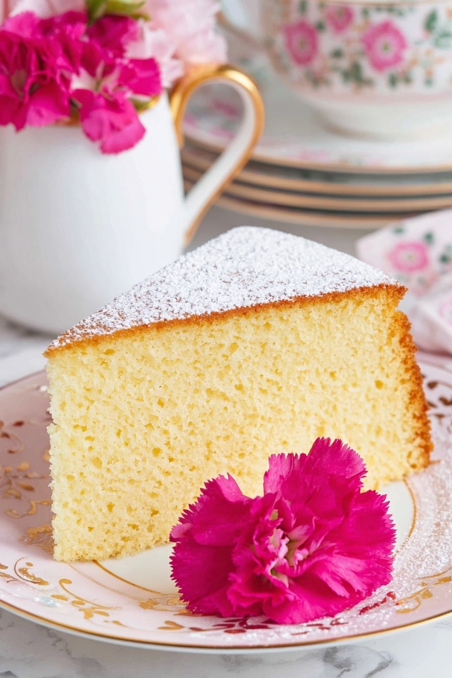 A single slice of soft yellow sponge cake with a light, fluffy texture and small air holes fills the center of a white plate with gold trim. The cake has a thin top layer dusted with white powdered sugar and a slightly darker, golden-brown crust around the edges. Next to the cake slice on the plate is a bright pink carnation flower with ruffled petals. In the background, there is a white teapot with a gold handle and pink flowers inside, along with a stack of white plates with gold rims, placed on a white marbled surface. photo taken with an iphone --ar 2:3 --v 7 - Easy French Butter Cake, French Butter Cake, moist butter cake, simple cake recipe, classic French desserts