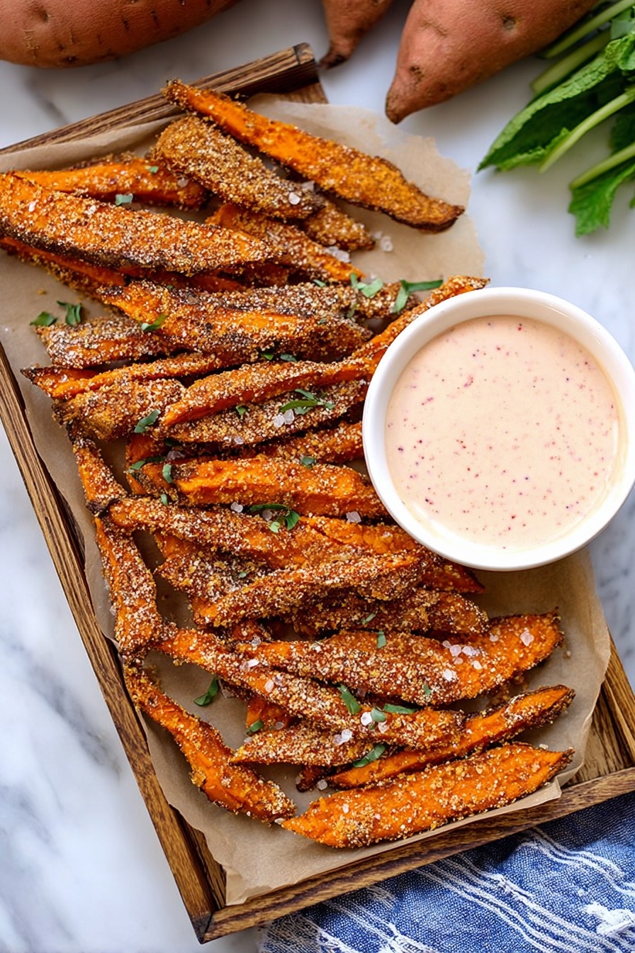 The image shows a wooden tray lined with light brown parchment paper holding two layers of crispy sweet potato fries. The fries have a crunchy, seasoned coating in shades of orange and brown, sprinkled with coarse salt and small green herbs. On the right side of the tray, there is a small white bowl filled with a creamy, light pink dipping sauce that has small visible specks in it. The tray is set on a white marbled surface with some whole sweet potatoes and green leafy stems in the background. A blue and white striped cloth is partially seen beneath the tray. photo taken with an iphone --ar 2:3 --v 7 - Garlic Parmesan Sweet Potato Wedges, crispy sweet potato fries, healthy side dish, easy snack recipes, flavorful vegetable sides