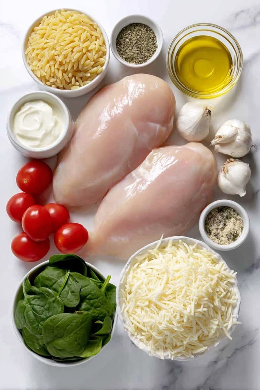 Flat lay of two large raw chicken breasts with smooth pale pink skin, a small white bowl of golden olive oil, a small white bowl of clear low sodium chicken stock, a small white bowl of thick heavy whipping cream, a mound of uncooked orzo pasta with its tiny rice-shaped grains, a loose pile of vibrant green baby spinach leaves, a handful of glossy red cherry tomatoes, a small white bowl filled with shredded white mozzarella cheese, a small white bowl containing freshly grated pale yellow parmesan cheese, five whole uncracked medium garlic cloves with smooth white skins, a small white bowl of freshly squeezed lemon juice, a small white bowl of fine white sea salt, a small white bowl of freshly cracked black peppercorns, and a sprinkle of dried oregano herb flakes, all arranged symmetrically on a clean white marble surface, soft natural light, photo taken with an iPhone, professional food photography style, fresh ingredients, white ceramic bowls, no bottles, no duplicates, no utensils, no packaging --ar 2:3 --v 7 --p m7354615311229779997 - Creamy Chicken Orzo Bake, easy chicken orzo casserole, cheesy chicken pasta bake, hearty chicken and orzo dish, baked chicken with tomatoes and spinach