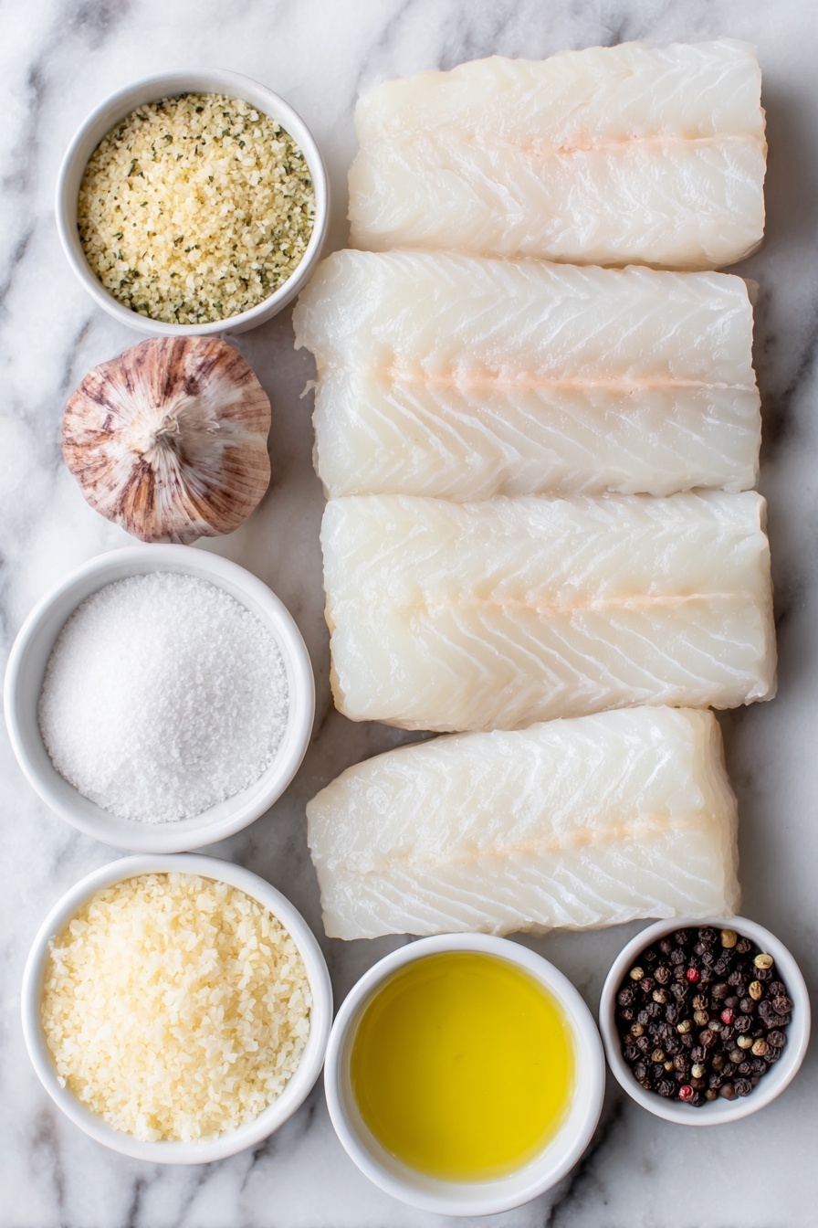 Flat lay of six fresh cod fillets with clean white flesh, two whole uncracked brown garlic cloves, a small white ceramic bowl of seasoned golden breadcrumbs, a small white bowl with melted golden butter, a small white bowl of pale creamy whipping cream, a small white bowl of fresh white milk, a small white bowl of finely grated pale yellow Parmesan cheese, a small white bowl of pure white cornstarch, a small white bowl of coarse kosher salt flakes, a small white bowl of whole black peppercorns, all arranged in perfect symmetry and balanced proportions, placed on a clean white marble surface, soft natural light, photo taken with an iPhone, professional food photography style, fresh ingredients, white ceramic bowls, no bottles, no duplicates, no utensils, no packaging --ar 2:3 --v 7 --p m7354615311229779997 - Creamy Baked Cod with Garlic Sauce, baked cod recipes, garlic sauce fish dish, easy fish dinner ideas, flaky baked cod