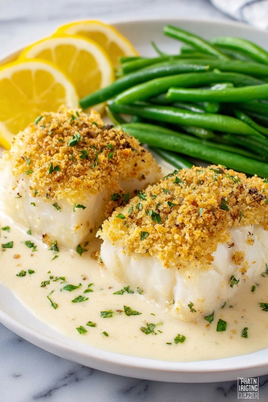 Two thick pieces of white fish with a golden brown crumb topping sit side by side on a white plate. They are covered in a light creamy sauce sprinkled with small green herb bits. Behind the fish, there is a pile of bright green cooked green beans. On the side of the plate, there are two thin lemon slices adding a pop of yellow color. The plate rests on a white marbled surface. photo taken with an iphone --ar 2:3 --v 7 - Creamy Baked Cod with Garlic Sauce, baked cod recipes, garlic sauce fish dish, easy fish dinner ideas, flaky baked cod