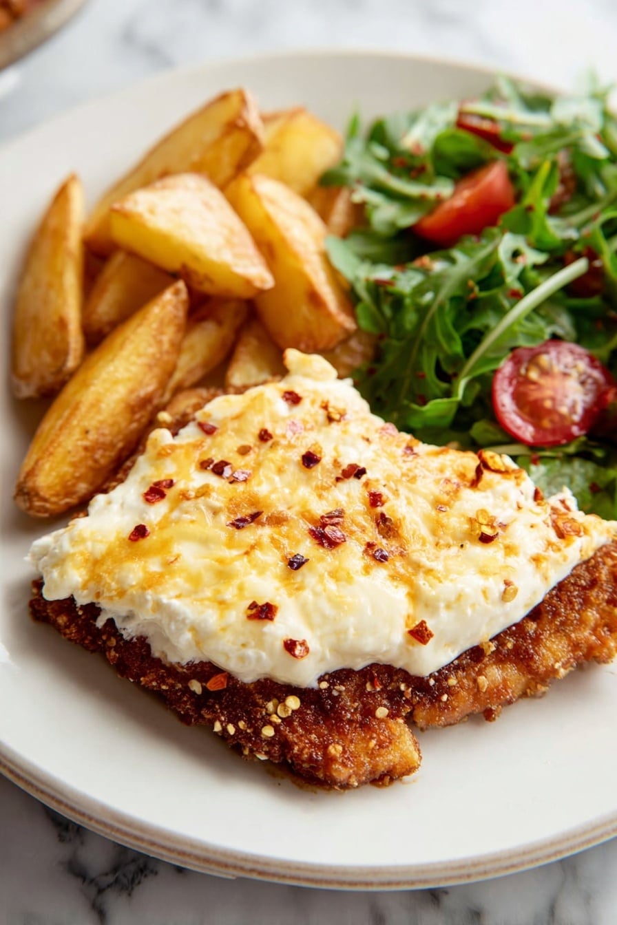 The image shows a white plate with three main layers. The bottom layer is golden-brown fried food with a coarse, crunchy texture that fills the right side of the plate. On top of it is a thick, uneven layer of soft white cheese that looks creamy and slightly melted, with some browned spots on the surface. The cheese layer is sprinkled with small red chili flakes that add a spicy look. To the left of this main stack, there are several thick wedge-shaped potato pieces that are golden and crispy-looking. Next to the potato, some fresh green arugula leaves and small pieces of red tomato add color and freshness to the plate. The plate is placed on a white marbled surface. photo taken with an iphone --ar 2:3 --v 7 - Hot Honey Crispy Feta Chicken, spicy honey fried chicken, cheesy feta chicken, quick crispy chicken recipes, flavorful chicken dinner ideas