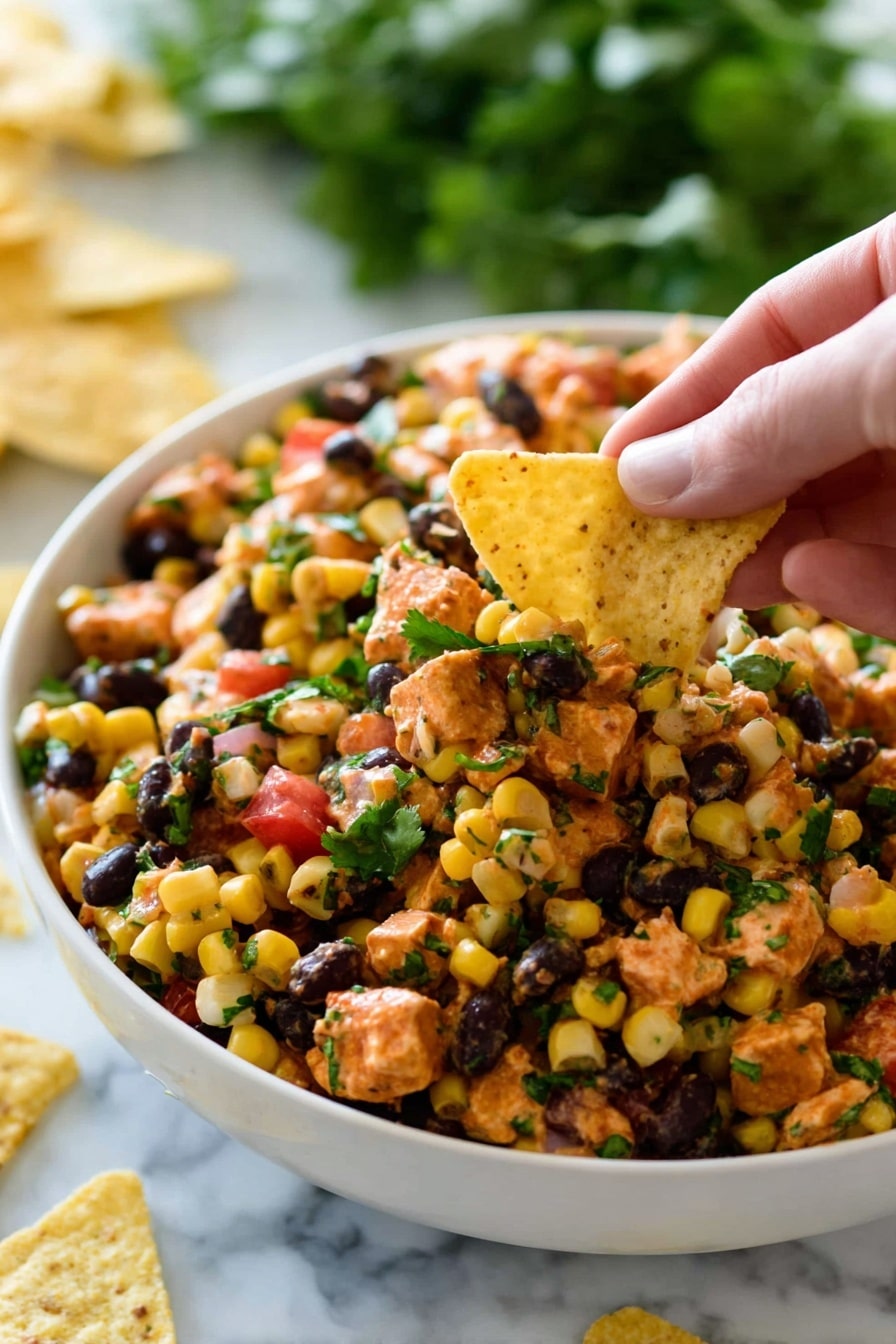 A white bowl is filled with a mixed salad containing small, yellow corn kernels, black beans, orange-colored diced pieces that look like chicken or tofu, and small bits of green herbs scattered on top. There are also small cubes of red tomato or bell pepper mixed in. A woman's hand is holding a pale yellow triangular tortilla chip, scooping some of the salad from the bowl. The background is a white marbled surface, and some green leafy vegetables can be seen blurred in the back along with a few tortilla chips scattered around the bowl. Photo taken with an iphone --ar 2:3 --v 7 - Southwest Chicken Salad, Southwest Chicken Salad Recipe, Healthy Chicken Salad, Easy Chicken Salad, Quick Dinner Ideas