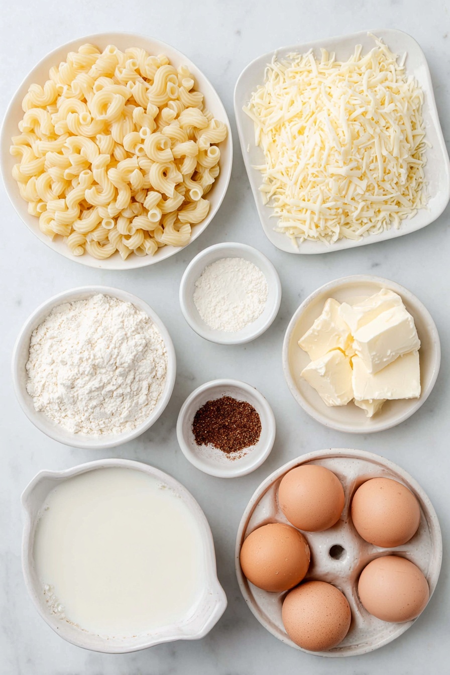 Flat lay of cavatappi pasta in a small white bowl, a pile of shredded mozzarella cheese on a simple white ceramic plate, shredded Colby Jack cheese arranged neatly on a white ceramic dish, sharp cheddar cheese shredded and placed in a small white bowl, a small white bowl filled with thick evaporated milk, a small white bowl holding heavy whipping cream, whole uncracked brown eggs with clean shells arranged symmetrically on a white ceramic plate, a small white bowl containing unsalted butter cubes, a small white bowl of all-purpose flour, tiny white bowls each holding salt, white pepper, garlic powder, and smoked paprika powders, a small white bowl with smooth Dijon mustard, all placed on a clean white marble surface, soft natural light, photo taken with an iPhone, professional food photography style, fresh ingredients, white ceramic bowls, no bottles, no duplicates, no utensils, no packaging --ar 2:3 --v 7 --p m7354615311229779997 - Viral Tini Mac and Cheese, creamy baked mac and cheese, TikTok mac and cheese, cheesy baked pasta, easy viral mac and cheese recipe