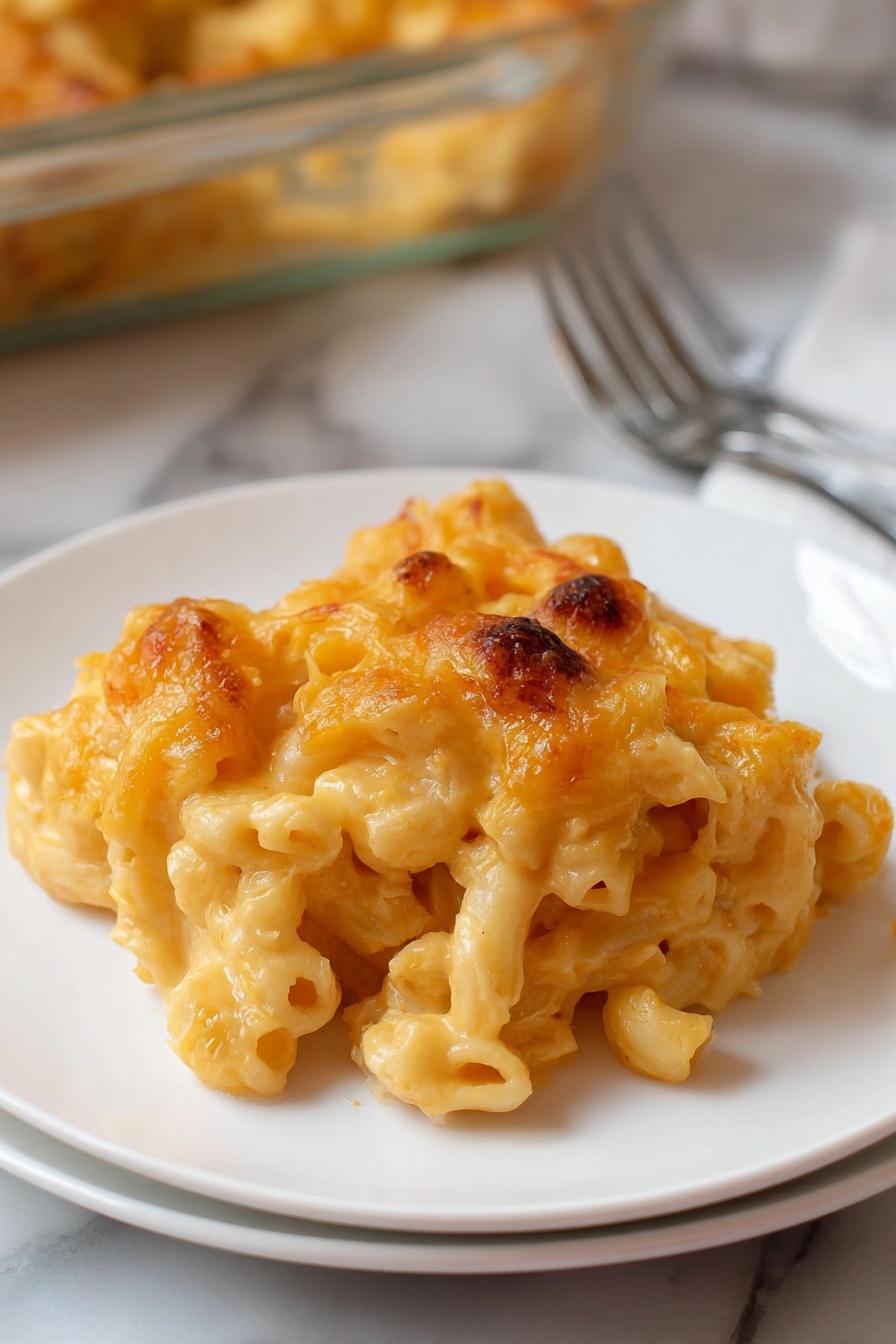 A close-up view of a white plate holding a single serving of baked macaroni and cheese, showing two layers: the bottom layer is creamy, light orange macaroni pasta with a smooth and slightly shiny texture, and the top layer is a golden-brown, slightly crispy baked cheese crust with a few darker toasted spots. The macaroni pieces are clearly visible with their hollow shapes coated in melted cheese. The plate is set on a white marbled surface, with a fork blurred in the background and a glass baking dish partially visible behind the plate. Photo taken with an iphone --ar 2:3 --v 7 - Viral Tini Mac and Cheese, creamy baked mac and cheese, TikTok mac and cheese, cheesy baked pasta, easy viral mac and cheese recipe