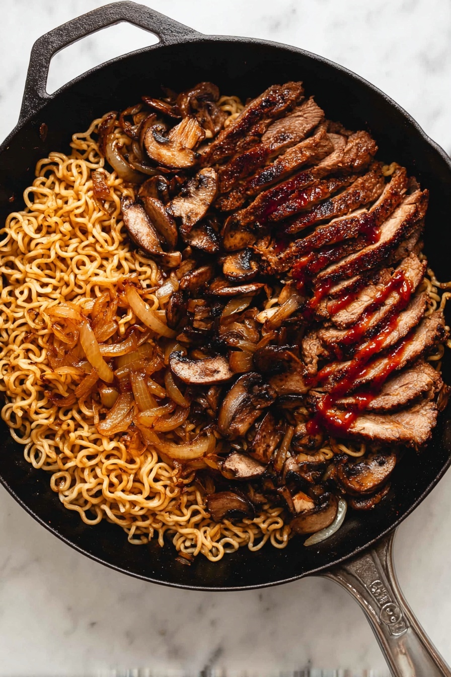 The image shows a black cast iron pan filled with three main layers of food. The bottom layer is a bed of curly cooked noodles with a light brown color, covering most of the pan's base. On one side over the noodles, there are sautéed golden-brown onions with a soft texture. On the other side and slightly mixed with noodles are sliced brown mushrooms. On top of all this, there is a layer of grilled sliced meat, dark brown with a slightly charred texture and a reddish sauce drizzled over it. The pan rests on a white marbled surface. photo taken with an iphone --ar 2:3 --v 7 - Spicy Korean Beef Noodles, Korean Beef Noodles, Spicy Noodle Recipe, Korean Beef Stir-fry, Easy Korean Noodles