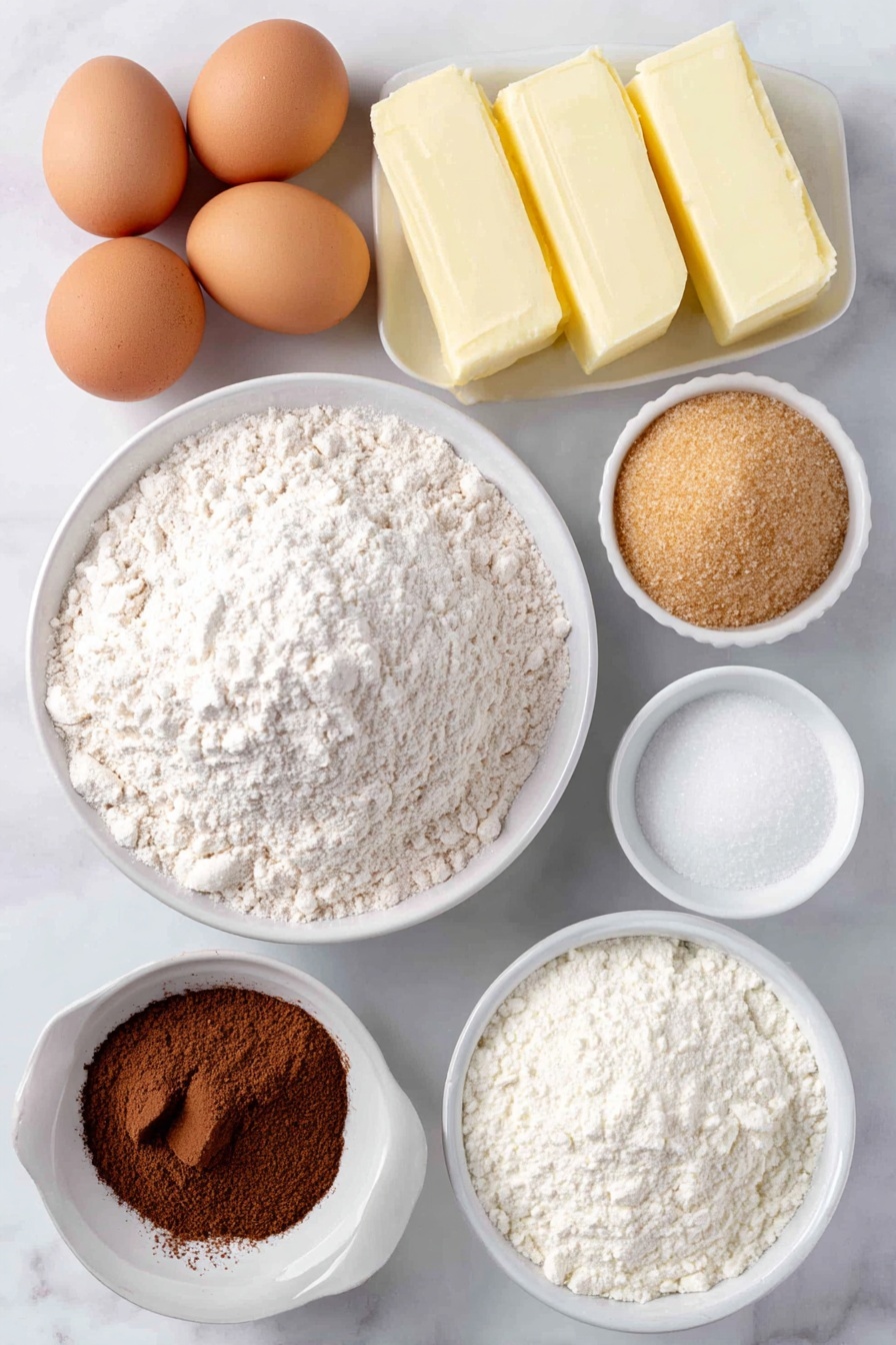 Flat lay of a small mound of pale all purpose flour, a small heap of golden brown packed brown sugar, two sticks of creamy room temperature butter, two whole large brown eggs with clean shells, a small white ceramic bowl of clear vanilla extract, a small white bowl of white granulated sugar, a small white bowl with warm reddish-brown ground cinnamon, a small white bowl of bright white powdered sugar, a small white bowl of fresh milk, a small white bowl of fine white salt crystals, and a small white bowl of light beige baking powder, all arranged symmetrically with perfect spacing, placed on a clean white marble surface, soft natural light, photo taken with an iPhone, professional food photography style, fresh ingredients, white ceramic bowls, no bottles, no duplicates, no utensils, no packaging --ar 2:3 --v 7 --p m7354615311229779997 - Cinnamon Sugar Blondies, Cinnamon Blondies recipe, easy blondie dessert, cinnamon bar treats, cozy cinnamon sweets