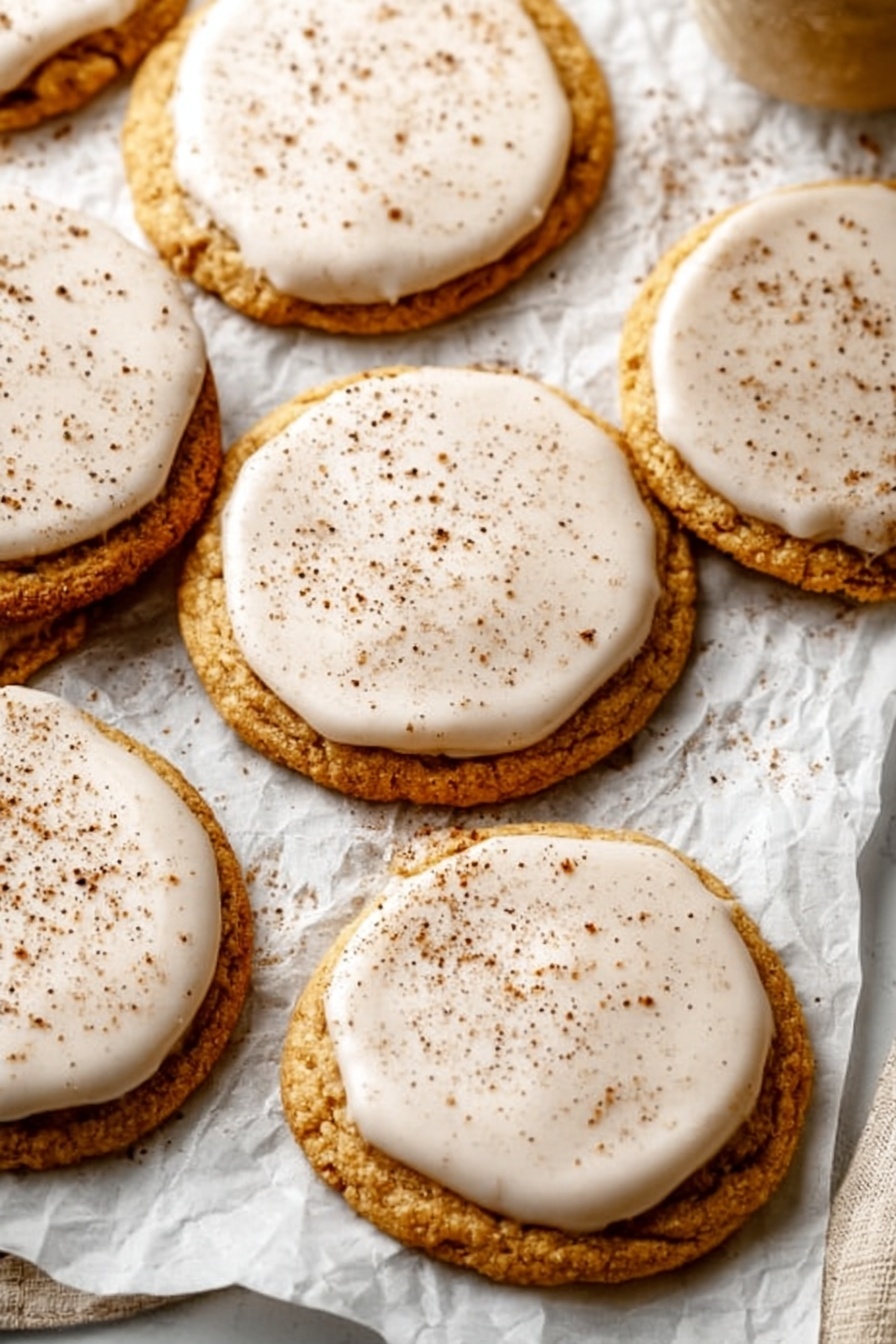 The image shows a group of round cookies arranged close together on crinkled white parchment paper over a white marbled surface. Each cookie has two layers: a golden-brown base with a slightly rough texture and a smooth, light beige icing layer on top that covers most of the cookie but leaves a thin border around the edge. The icing has speckles of brown spice sprinkled evenly over it. The scene is bright with natural light and has a cozy, homemade look. Photo taken with an iphone --ar 2:3 --v 7 - Brown Sugar Pop-Tart Cookies, Brown Sugar Cookie Recipe, Cinnamon Swirl Cookies, Easy Breakfast Cookies, Homemade Pop-Tart Cookies