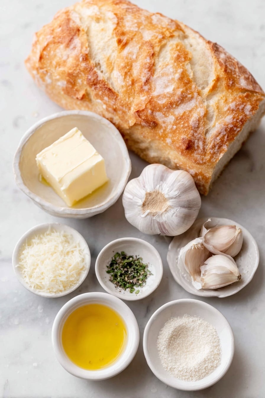 Flat lay of a halved loaf of Italian bread with a crispy golden crust, a whole head of garlic with the top sliced off to reveal cloves, eight uncracked brown garlic cloves, a small white ceramic bowl with smooth soft unsalted butter, a small white ceramic bowl filled with finely grated parmesan cheese, a small white ceramic bowl containing finely chopped mixed fresh herbs including basil and parsley, a small white ceramic bowl holding coarse kosher salt, a small white ceramic bowl with ground black pepper, a small white ceramic bowl with pale golden olive oil, and a small white ceramic bowl with light beige garlic powder—all arranged symmetrically in perfect proportions, placed on a clean white marble surface, soft natural light, photo taken with an iPhone, professional food photography style, fresh ingredients, white ceramic bowls, no bottles, no duplicates, no utensils, no packaging --ar 2:3 --v 7 --p m7354615311229779997 - Garlic Herb Parmesan Bread, garlic bread recipe, cheesy garlic bread, homemade garlic bread, buttery herb bread