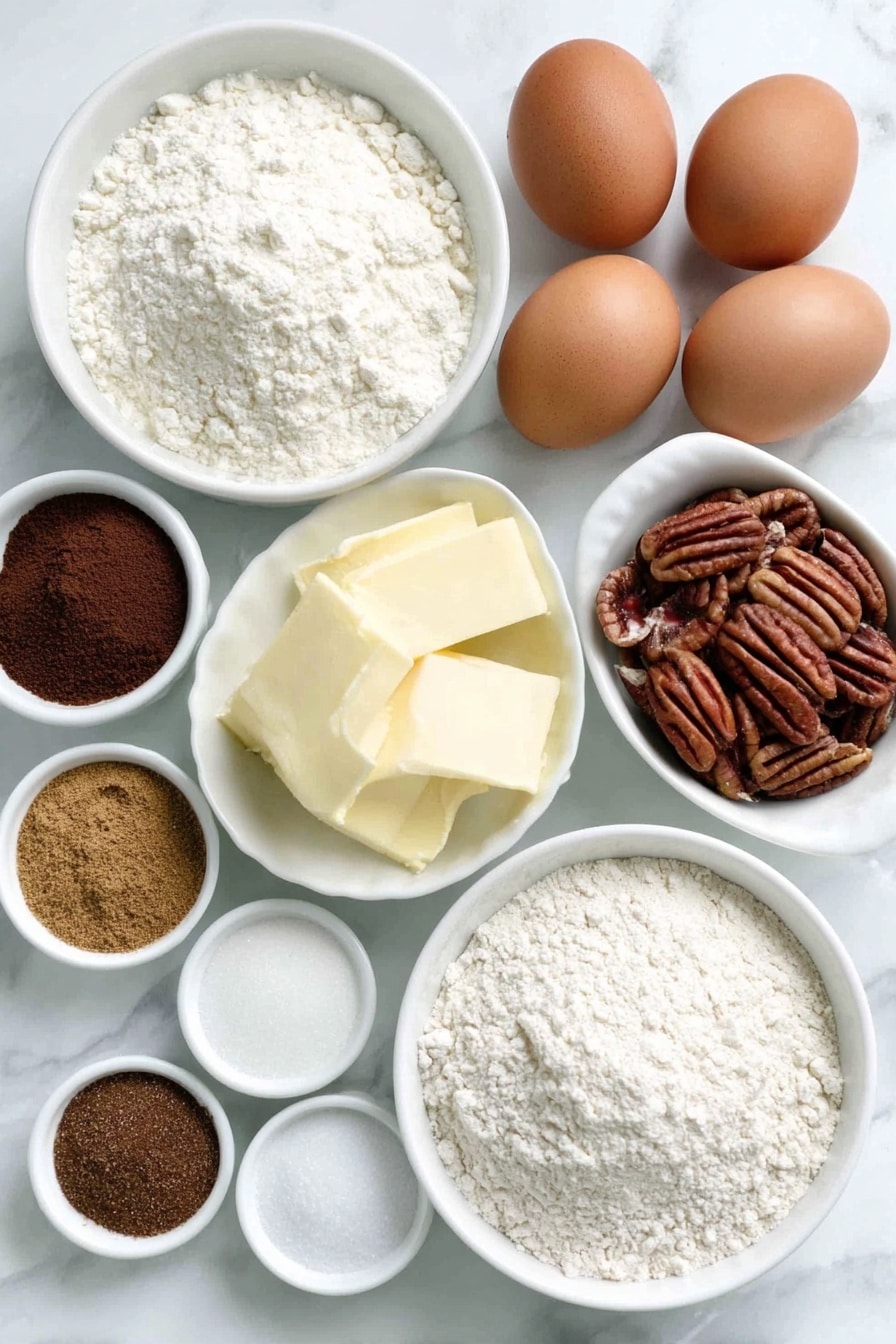Flat lay of a small white ceramic bowl of whole milk, a few tablespoons of very soft unsalted butter shaped into smooth pats, a small white ceramic bowl of all-purpose flour, a few whole brown eggs with clean shells, a small white ceramic bowl of granulated sugar, a small white ceramic bowl of light brown sugar, a small white ceramic bowl of dark brown sugar packed firmly, a small white ceramic bowl of heavy cream, a small white ceramic bowl of ground cinnamon, a small white ceramic bowl of ground ginger, a small white ceramic bowl of ground nutmeg, a small white ceramic bowl of ground cloves, a small white ceramic bowl of salt, a small white ceramic bowl of vanilla extract, a handful of whole pecan halves, a small pile of roughly chopped pecans, and a small white ceramic bowl containing a small amount of rapid rise yeast packet contents, all arranged with perfect symmetry and balanced proportions, placed on a clean white marble surface, soft natural light, photo taken with an iPhone, professional food photography style, fresh ingredients, white ceramic bowls, no bottles, no duplicates, no utensils, no packaging --ar 2:3 --v 7 --p m7354615311229779997 - Butter Pecan Cinnamon Buns, Cinnamon Buns with Pecans, Sweet Breakfast Pastry, Nutty Cinnamon Roll Recipe, Delicious Pecan Cinnamon Buns