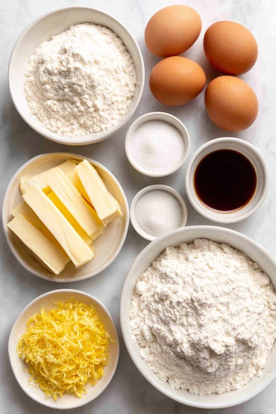 Flat lay of a small stick of unsalted butter, three whole large brown eggs with clean shells, a small white bowl of granulated sugar, a small white bowl of fine kosher salt crystals, a small white bowl with clear vanilla extract, freshly grated lemon zest from one lemon, a small mound of all-purpose flour, a small white bowl of baking powder, a small white bowl of confectioners’ sugar, placed on a clean white marble surface, soft natural light, photo taken with an iPhone, professional food photography style, fresh ingredients, white ceramic bowls, no bottles, no duplicates, no utensils, no packaging --ar 2:3 --v 7 --p m7354615311229779997 - Lemon Madeleines, French Lemon Cakes, Lemon Based Pastries, Easy Madeleines, Lemon Dessert Recipes