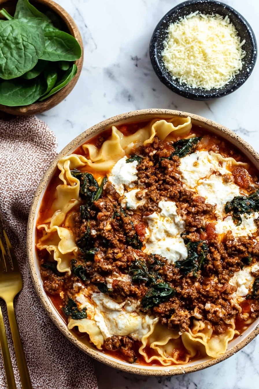 A white bowl sits on a white marbled surface filled with lasagna soup, showing several wavy layers of soft, translucent yellow pasta sheets partially submerged in a rich, red tomato meat sauce with visible ground meat and green spinach leaves. A dollop of white ricotta cheese is placed on top in the center, adding a creamy contrast. Nearby, a small white bowl of grated cheese and a golden spoon with a black handle rest on the surface, along with fresh spinach leaves and a textured green cloth. A woman's hand reaches from the left side of the image. Photo taken with an iphone --ar 2:3 --v 7 - One Pot Lasagna Soup, easy lasagna soup recipe, quick dinner ideas, hearty soup recipes, one pot pasta recipes