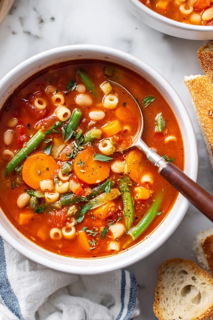 A white bowl filled with a bright red tomato-based soup with visible small round pasta pieces, sliced orange carrots, white beans, green beans, and finely chopped herbs. A silver spoon with a brown handle is placed inside the bowl, resting on the side. The bowl sits on a white marbled surface. To the right, rustic pieces of sliced bread are partially visible, and on the left, a soft white cloth with blue stripes is partly in the frame. photo taken with an iphone --ar 2:3 --v 7 - Easy Italian Vegetable Soup, Italian Vegetable Soup, healthy vegetable soup, quick veggie soup, hearty vegetable soup