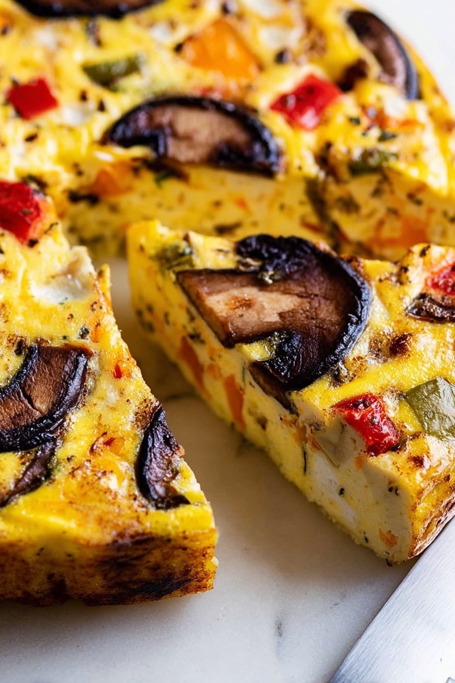 The dish shows a thick, round frittata with one piece cut and slightly separated, revealing a rich inside full of colorful vegetable chunks. The top layer is golden-yellow with browned spots and has large dark brown mushroom slices and a few red pieces that look like peppers scattered across it. Inside, you can see a mix of orange, green, white, and red vegetable pieces, all held together by the yellow egg base. The frittata sits directly on a white marbled surface, and a knife is partially visible to the bottom right. The photo is focused close-up on the frittata's texture and colors, showing the moist but firm inside. photo taken with an iphone --ar 2:3 --v 7 - Baked Vegetable Frittata, Vegetable Frittata, Baked Frittata Recipe, Healthy Breakfast Frittata, Easy Vegetable Frittata