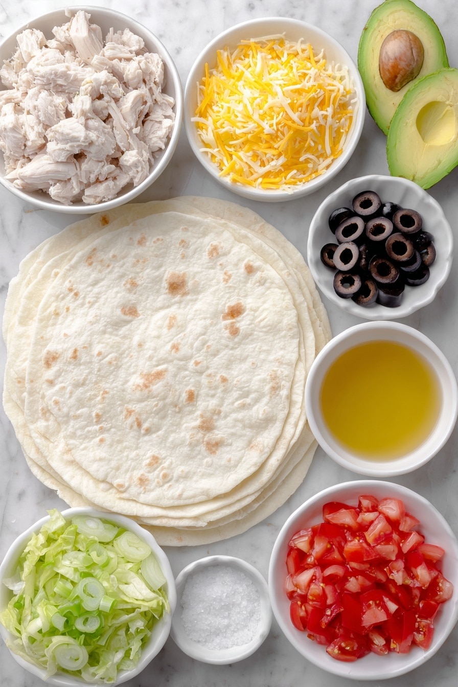 Flat lay of a large flour tortilla, a small mound of grated sharp cheddar cheese, a small white ceramic bowl with golden olive oil, fresh sliced brown mushrooms, a few green onions with bright green tops, a small pile of thinly sliced black olives, a small heap of diced ripe red tomatoes, tender cooked chicken pieces, a halved ripe avocado with vibrant green flesh, crisp chopped iceberg lettuce, a small white ceramic bowl with amber apple cider vinegar, and coarse salt crystals scattered neatly, all arranged symmetrically on a clean white marble surface, soft natural light, photo taken with an iPhone, professional food photography style, fresh ingredients, white ceramic bowls, no bottles, no duplicates, no utensils, no packaging --ar 2:3 --v 7 --p m7354615311229779997 - Chicken Quesadilla, Easy Chicken Quesadilla, Crispy Chicken Quesadilla, Cheesy Chicken Quesadilla, Quick Chicken Dinner